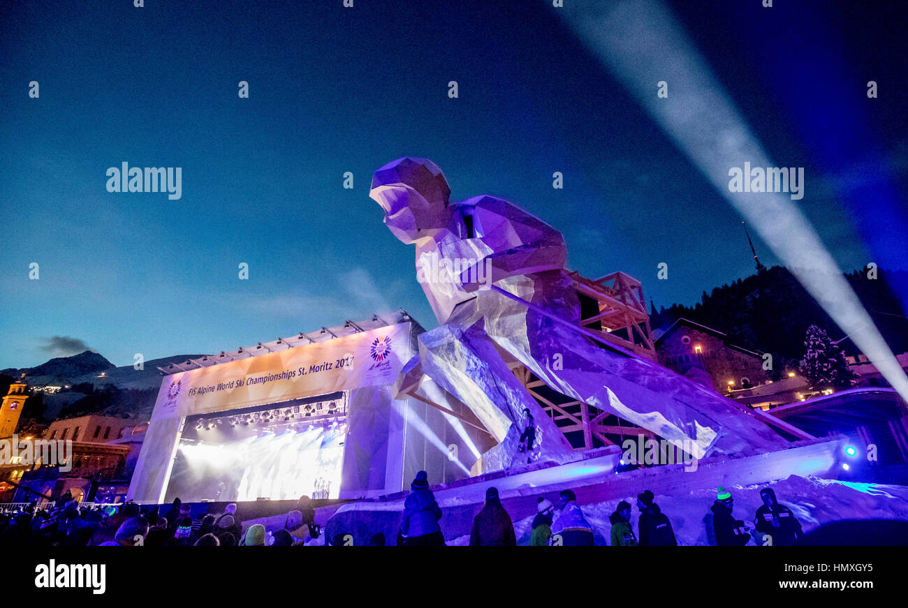 St. Moritz, Switzerland. 6th Feb, 2017. A wooden statue of a skier can be seen during the opening ceremony for the Alpine Skiing World Cup at Kulm Park in St. Moritz, Switzerland, 6 February 2017. Photo: Michael Kappeler/dpa/Alamy Live News Stock Photo