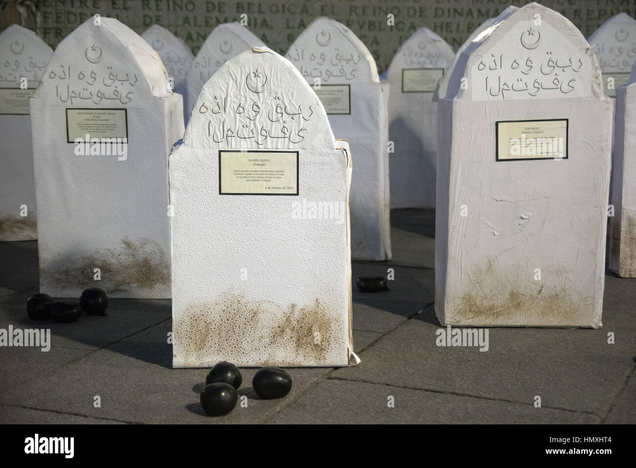 Madrid, Spain. 06th Feb, 2017. Tombs and rubber bullets during a protest in the Ministry of Foreign Affairs, representing the 14 migrants dead in Tarajal when they where trying to reach the coast of Spain. Credit: Marcos del Mazo/Alamy Live News Stock Photo
