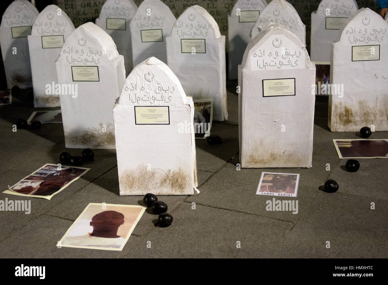 Madrid, Spain. 06th Feb, 2017. Tombs, pictures and rubber bullets during a protest in the Ministry of Foreign Affairs, representing the 14 migrants dead in Tarajal when they where trying to reach the coast of Spain. Credit: Marcos del Mazo/Alamy Live News Stock Photo