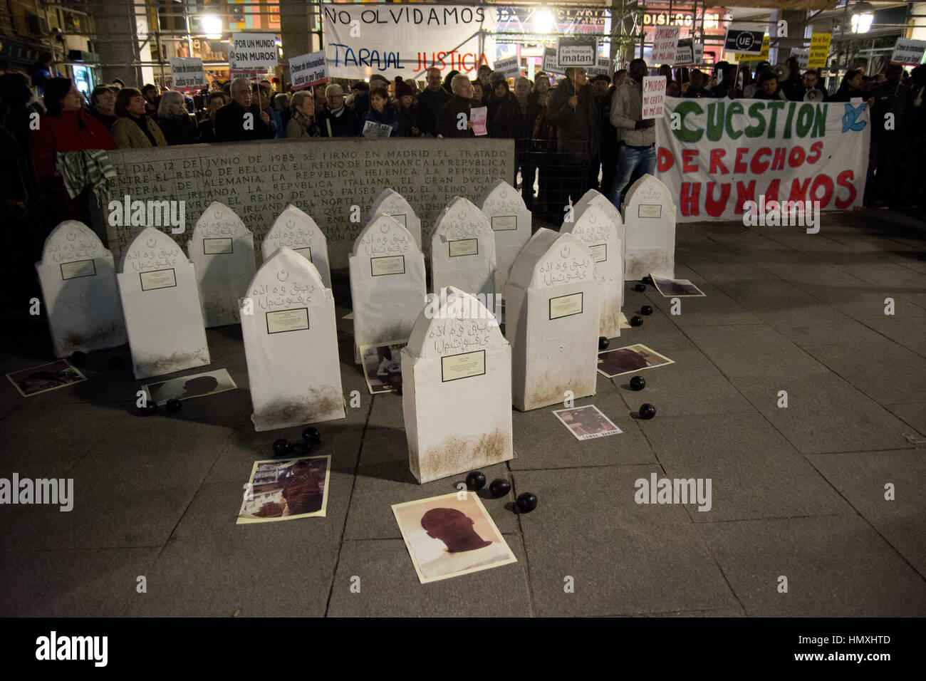 Madrid, Spain. 06th Feb, 2017. Tombs, pictures and rubber bullets