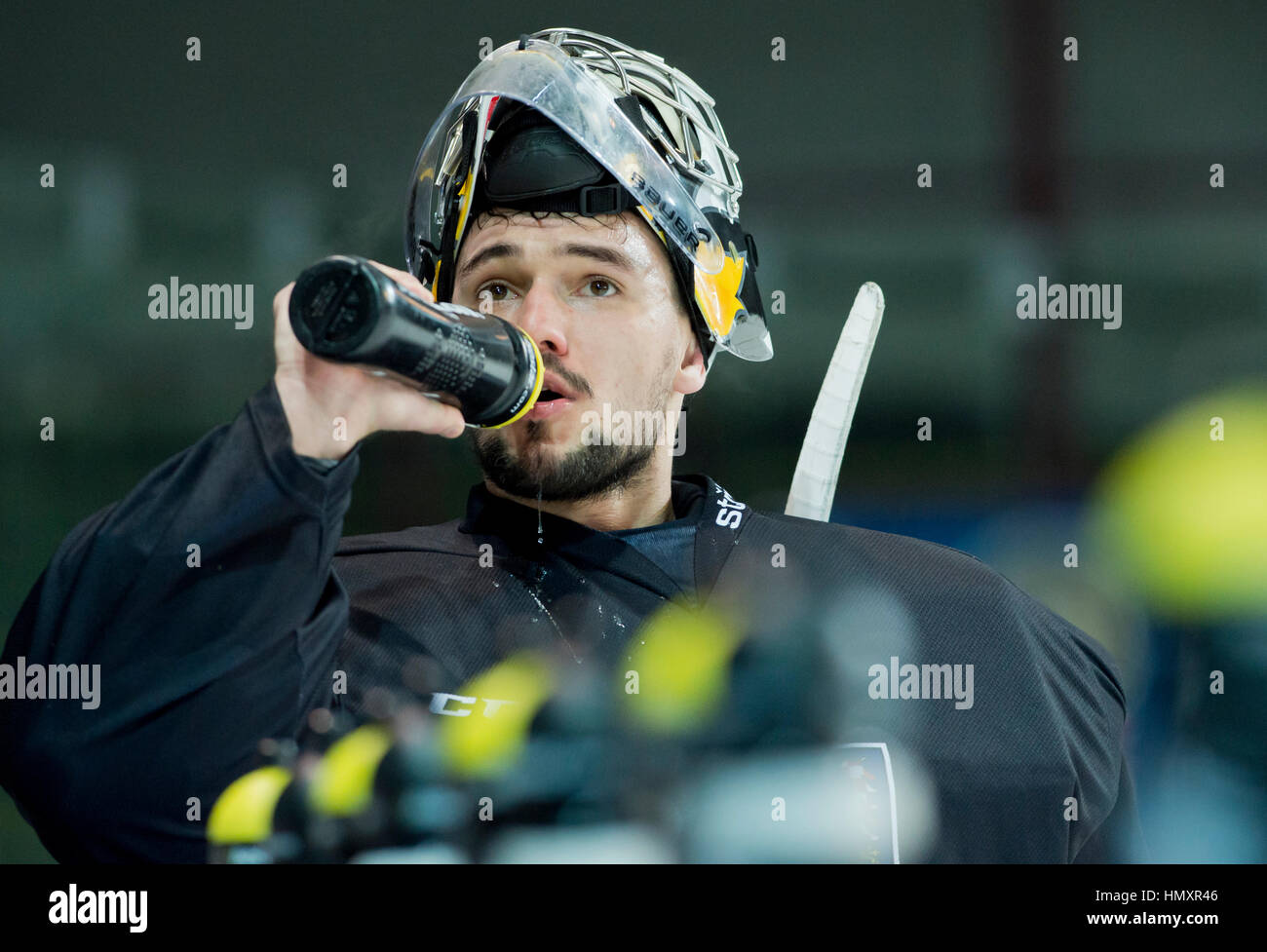 Prague, Czech Republic. 07th Feb, 2017. The Czech national ice-hockey team's player goalie Jakub Kovar in action during the training session prior to the February Sweden Games in Gothenburg in Prague, Czech Republic, February 7, 2017. Sweden Games, the third part of the European Hockey Tour (EHT) series, will take place on February 9-12. Credit: Vit Simanek/CTK Photo/Alamy Live News Stock Photo
