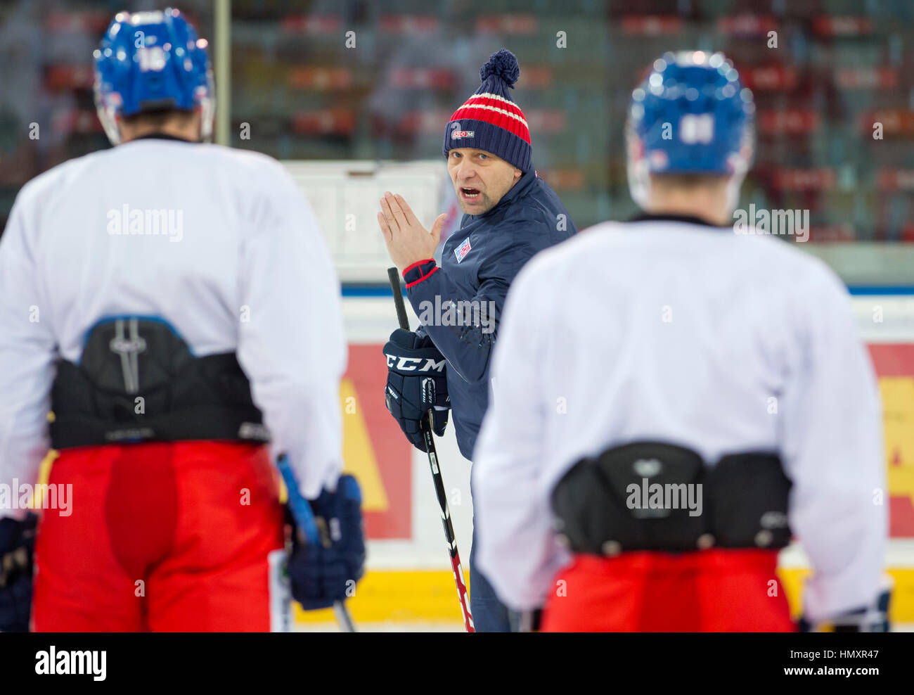 Prague, Czech Republic. 07th Feb, 2017. The Czech national ice-hockey team's coach Josef Jandac gestures during the training session prior to the February Sweden Games in Gothenburg in Prague, Czech Republic, February 7, 2017. Sweden Games, the third part of the European Hockey Tour (EHT) series, will take place on February 9-12. Credit: Vit Simanek/CTK Photo/Alamy Live News Stock Photo
