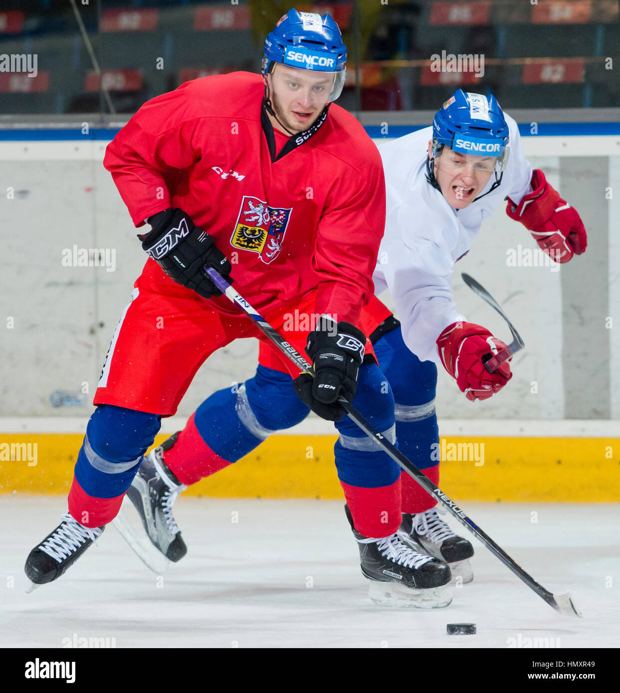 Prague, Czech Republic. 07th Feb, 2017. The Czech national ice-hockey team's players Tomas Zohorna (left) and Lukas Radil in action during the training session prior to the February Sweden Games in Gothenburg in Prague, Czech Republic, February 7, 2017. Sweden Games, the third part of the European Hockey Tour (EHT) series, will take place on February 9-12. Credit: Vit Simanek/CTK Photo/Alamy Live News Stock Photo