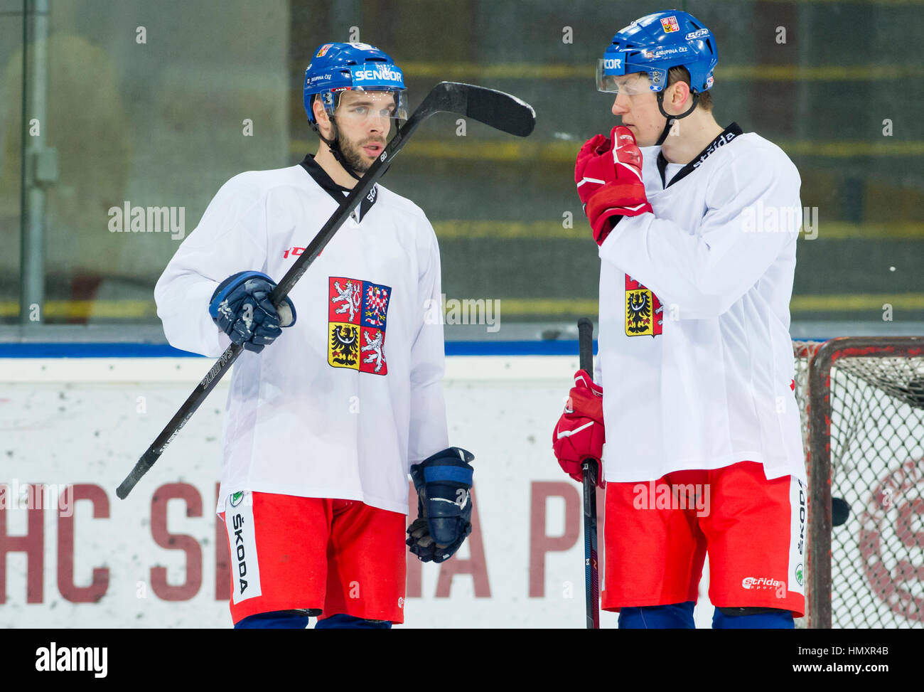 Prague, Czech Republic. 07th Feb, 2017. The Czech national ice-hockey team's players Michal Vondrka (left) and Lukas Radil in action during the training session prior to the February Sweden Games in Gothenburg in Prague, Czech Republic, February 7, 2017. Sweden Games, the third part of the European Hockey Tour (EHT) series, will take place on February 9-12. Credit: Vit Simanek/CTK Photo/Alamy Live News Stock Photo