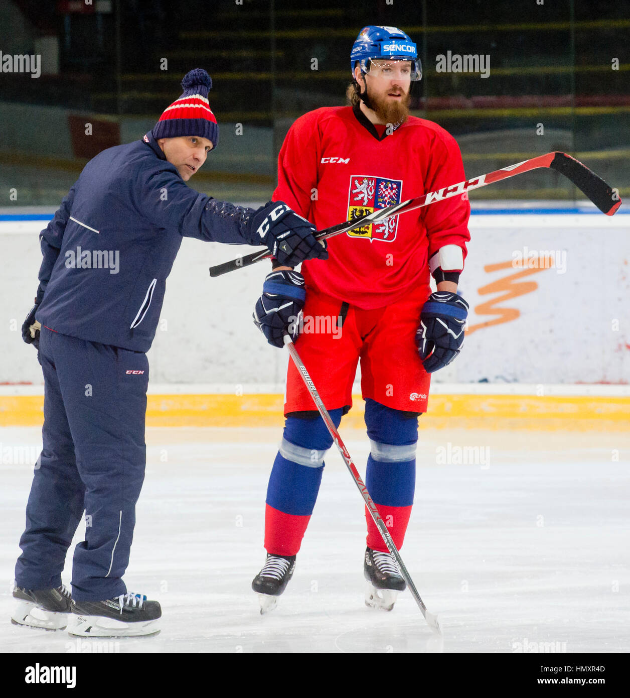 Prague, Czech Republic. 07th Feb, 2017. The Czech national ice-hockey team's coach Josef Jandac (left) and player Lukas Kaspar in action during the training session prior to the February Sweden Games in Gothenburg in Prague, Czech Republic, February 7, 2017. Sweden Games, the third part of the European Hockey Tour (EHT) series, will take place on February 9-12. Credit: Vit Simanek/CTK Photo/Alamy Live News Stock Photo