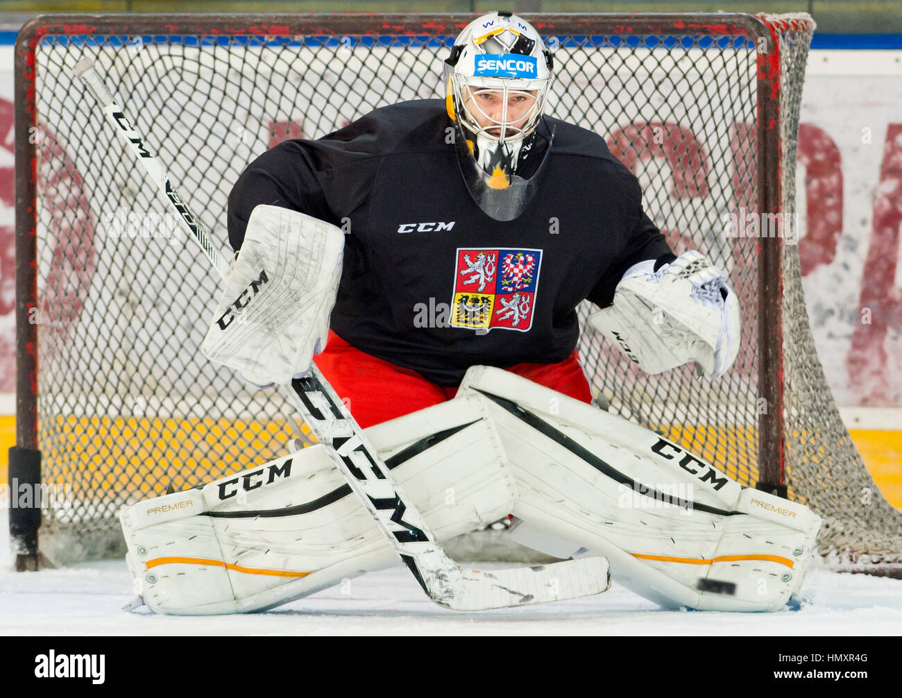Prague, Czech Republic. 07th Feb, 2017. The Czech national ice-hockey team's player goalie Jakub Kovar in action during the training session prior to the February Sweden Games in Gothenburg in Prague, Czech Republic, February 7, 2017. Sweden Games, the third part of the European Hockey Tour (EHT) series, will take place on February 9-12. Credit: Vit Simanek/CTK Photo/Alamy Live News Stock Photo
