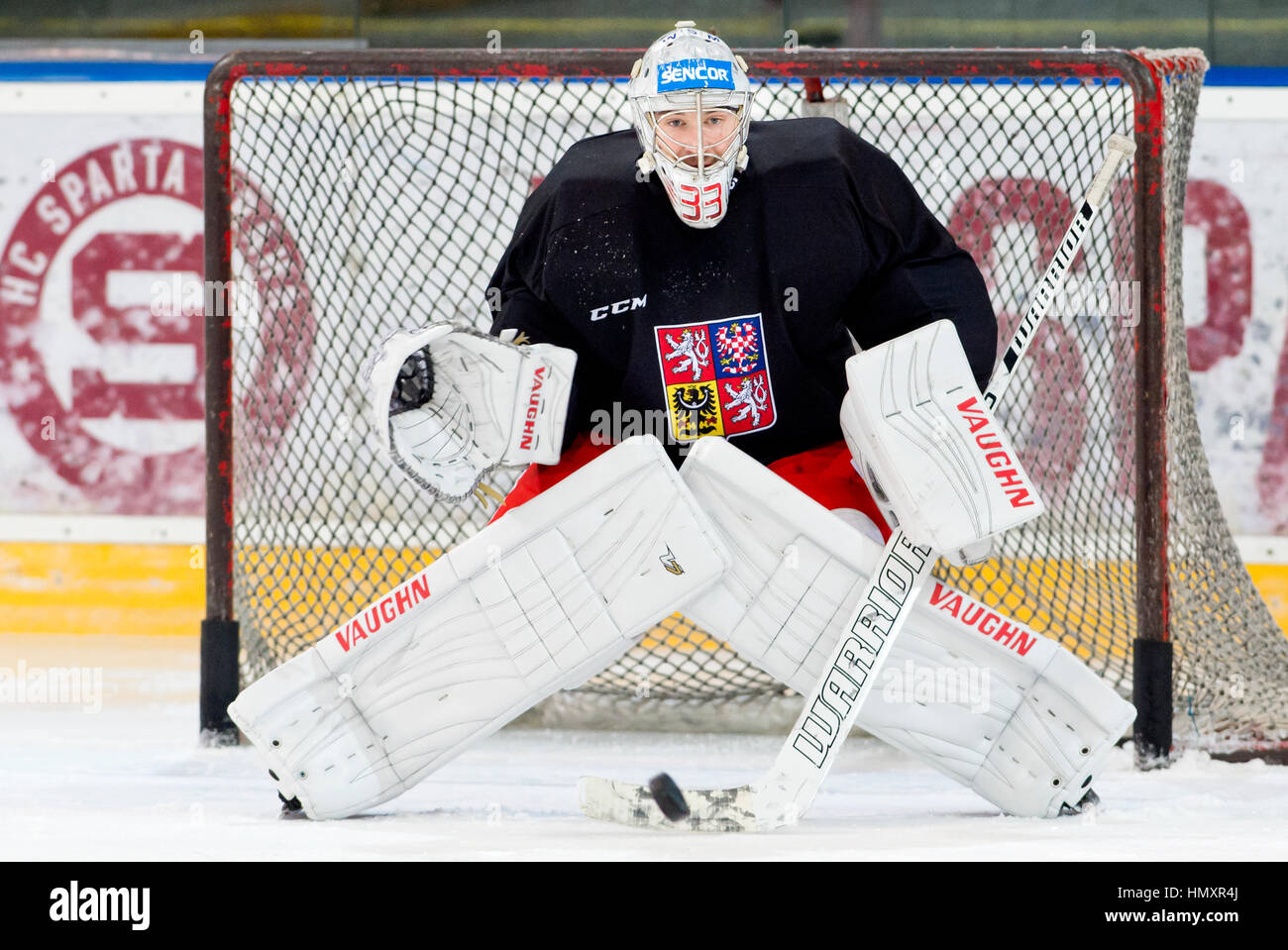 Prague, Czech Republic. 07th Feb, 2017. The Czech national ice-hockey team's player goalie Pavel Francouz in action during the training session prior to the February Sweden Games in Gothenburg in Prague, Czech Republic, February 7, 2017. Sweden Games, the third part of the European Hockey Tour (EHT) series, will take place on February 9-12. Credit: Vit Simanek/CTK Photo/Alamy Live News Stock Photo