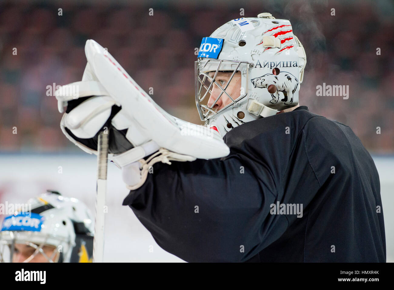 Prague, Czech Republic. 07th Feb, 2017. The Czech national ice-hockey team's player goalie Pavel Francouz in action during the training session prior to the February Sweden Games in Gothenburg in Prague, Czech Republic, February 7, 2017. Sweden Games, the third part of the European Hockey Tour (EHT) series, will take place on February 9-12. Credit: Vit Simanek/CTK Photo/Alamy Live News Stock Photo