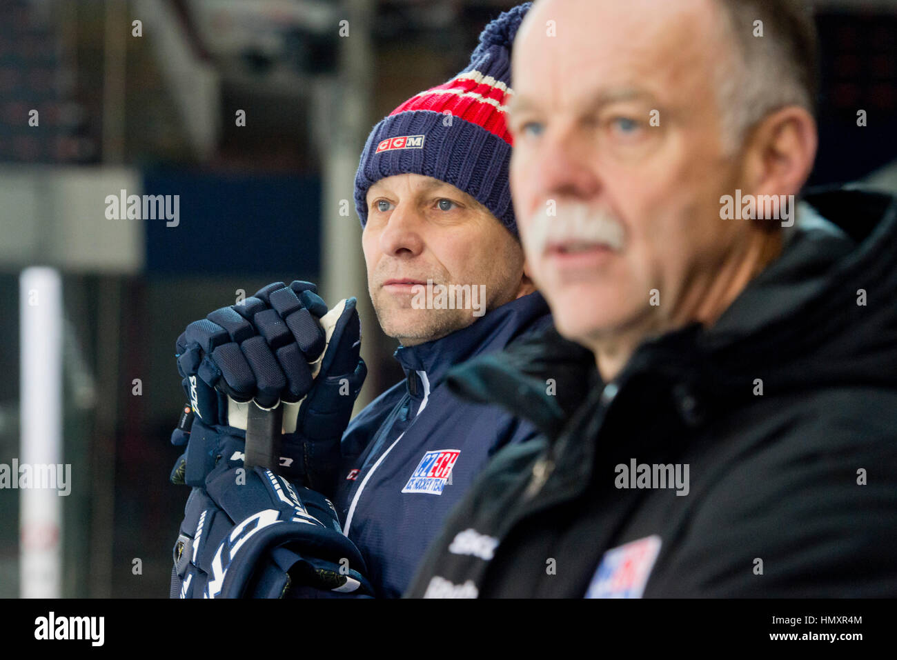 Prague, Czech Republic. 07th Feb, 2017. The Czech national ice-hockey team's coaches, Josef Jandac (left) and Slavomir Lener (right) during the training session prior to the February Sweden Games in Gothenburg in Prague, Czech Republic, February 7, 2017. Sweden Games, the third part of the European Hockey Tour (EHT) series, will take place on February 9-12. Credit: Vit Simanek/CTK Photo/Alamy Live News Stock Photo