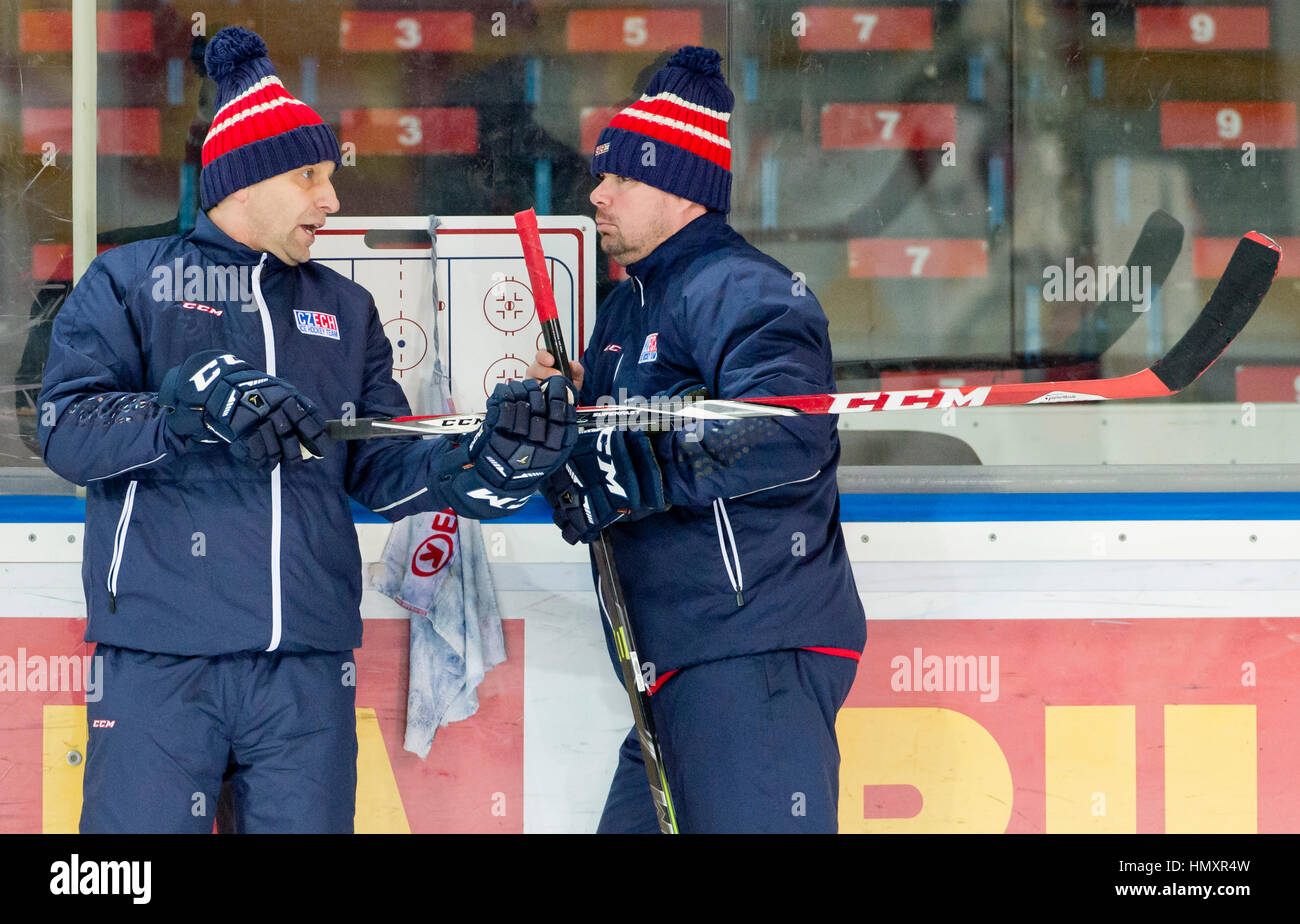 Prague, Czech Republic. 07th Feb, 2017. The Czech national ice-hockey team's coaches Josef Jandac and Jaroslav Spacek in action during the training session prior to the February Sweden Games in Gothenburg in Prague, Czech Republic, February 7, 2017. Sweden Games, the third part of the European Hockey Tour (EHT) series, will take place on February 9-12. Credit: Vit Simanek/CTK Photo/Alamy Live News Stock Photo