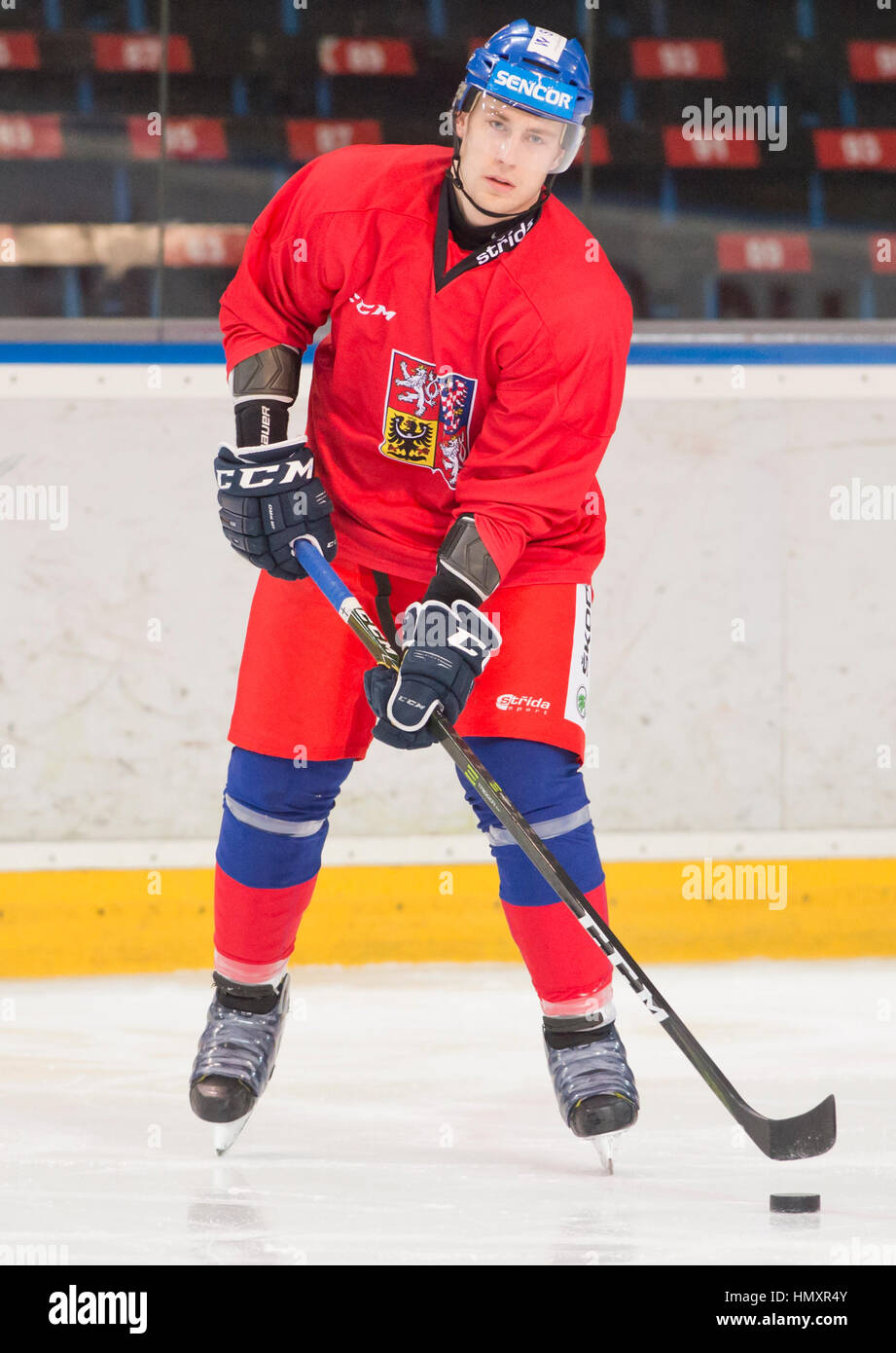 Prague, Czech Republic. 07th Feb, 2017. The Czech national ice-hockey team's player Lukas Klok in action during the training session prior to the February Sweden Games in Gothenburg in Prague, Czech Republic, February 7, 2017. Sweden Games, the third part of the European Hockey Tour (EHT) series, will take place on February 9-12. Credit: Vit Simanek/CTK Photo/Alamy Live News Stock Photo