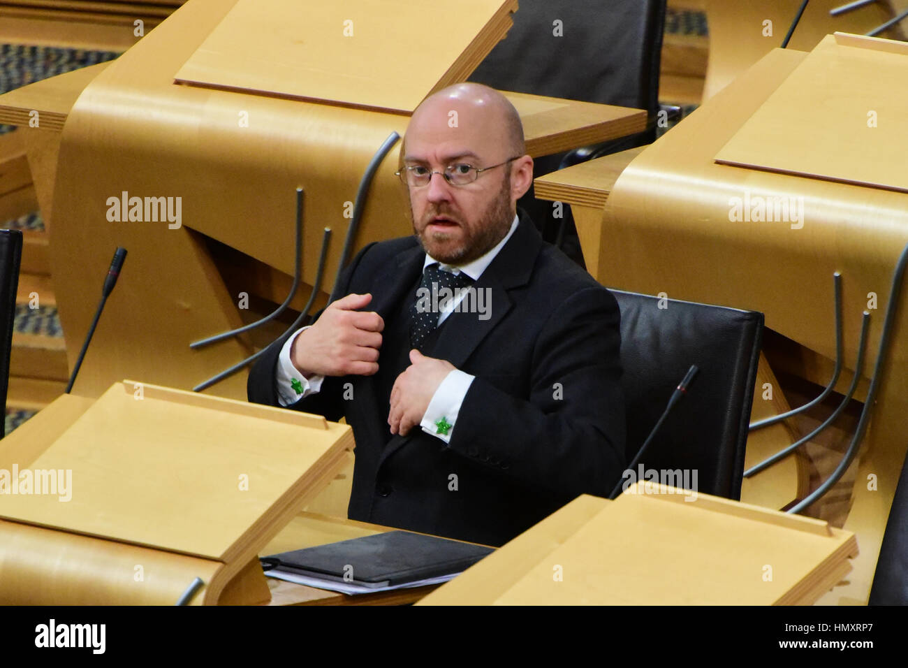 Edinburgh, UK. 7th Feb, 2017. Scottish Green Party Co-convener Patrick Harvie in the chamber of the Scottish Parliament for the debate on the triggering of Article 50 in the Brexit process, Credit: Ken Jack/Alamy Live News Stock Photo