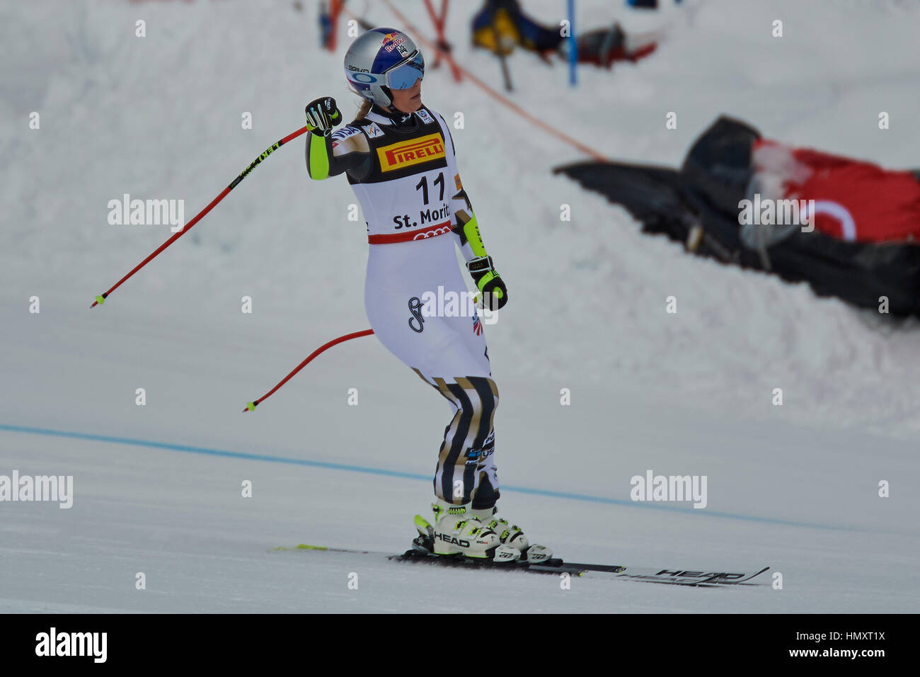 St. Moritz, Switzerland, 7th February 2017. Lindsey Vonn is disapointed after her DNF in the Ladies’ Super G at the FIS Alpine World Ski Championships 2017 in St. Moritz. Credit: Rolf Simeon/Alamy Live News Stock Photo