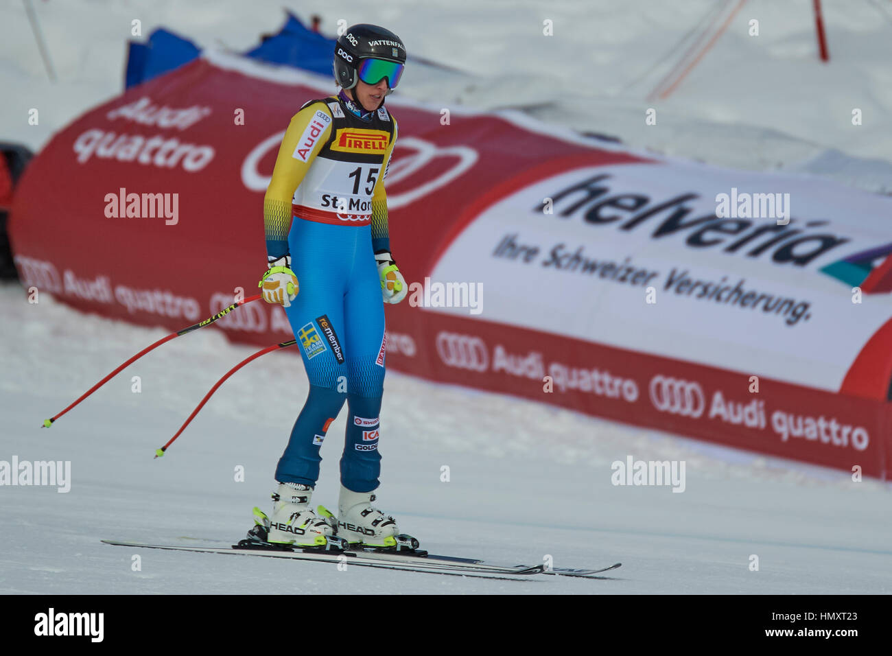 St. Moritz, Switzerland, 7th February 2017. Kajsa Kling is disapointed about her DNF in the Ladies’ Super G at the FIS Alpine World Ski Championships 2017 in St. Moritz. Credit: Rolf Simeon/Alamy Live News Stock Photo