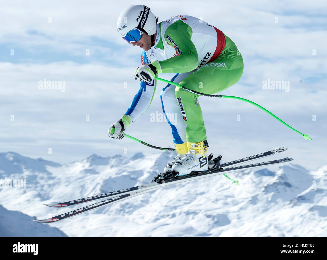 St. Moritz, Switzerland. 7th Feb, 2017. Rok Perko from Slovenia during a training session for the men's race at the Alpine Skiing World Cup in St. Moritz, Switzerland, 7 February 2017. Photo: Michael Kappeler/dpa/Alamy Live News Stock Photo