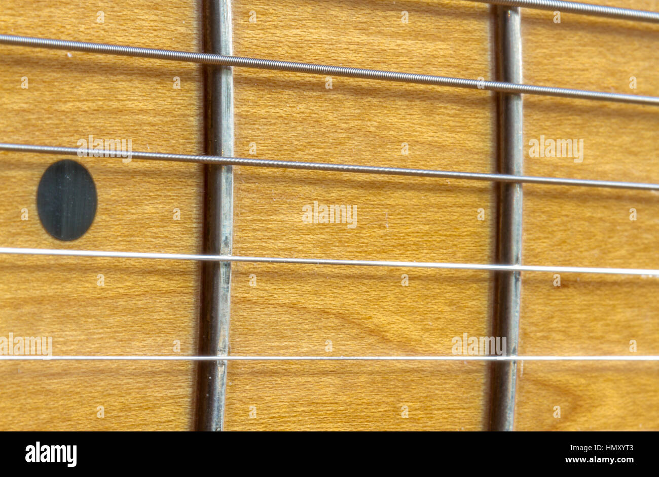 Close up of Electric Guitar fret Board and Stringsshowing the frets and dot marker inlays Stock