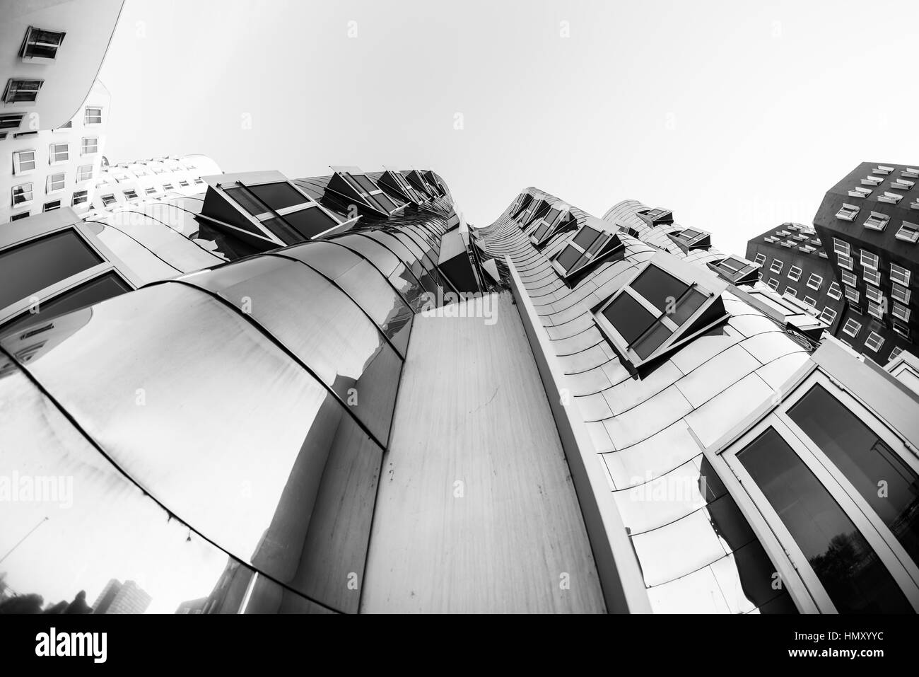 DUESSELDORF, GERMANY - JANUARY 22, 2017: The famous Chrome-Building in the New Media Harbor taken by a Fish Eye Camera in Black & White Stock Photo