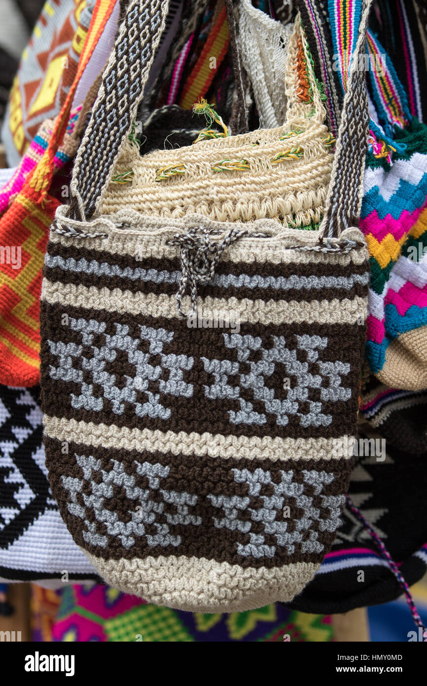 hand knitted Colombian bags in Silvia Stock Photo