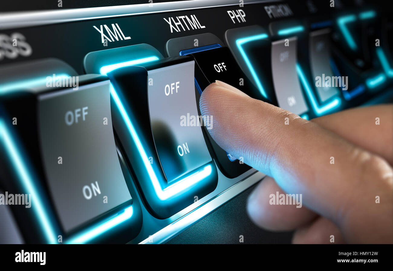 Many buttons in a row with different programming languages names. A finger is pressing the XML button. Composite between an image and a 3D background. Stock Photo