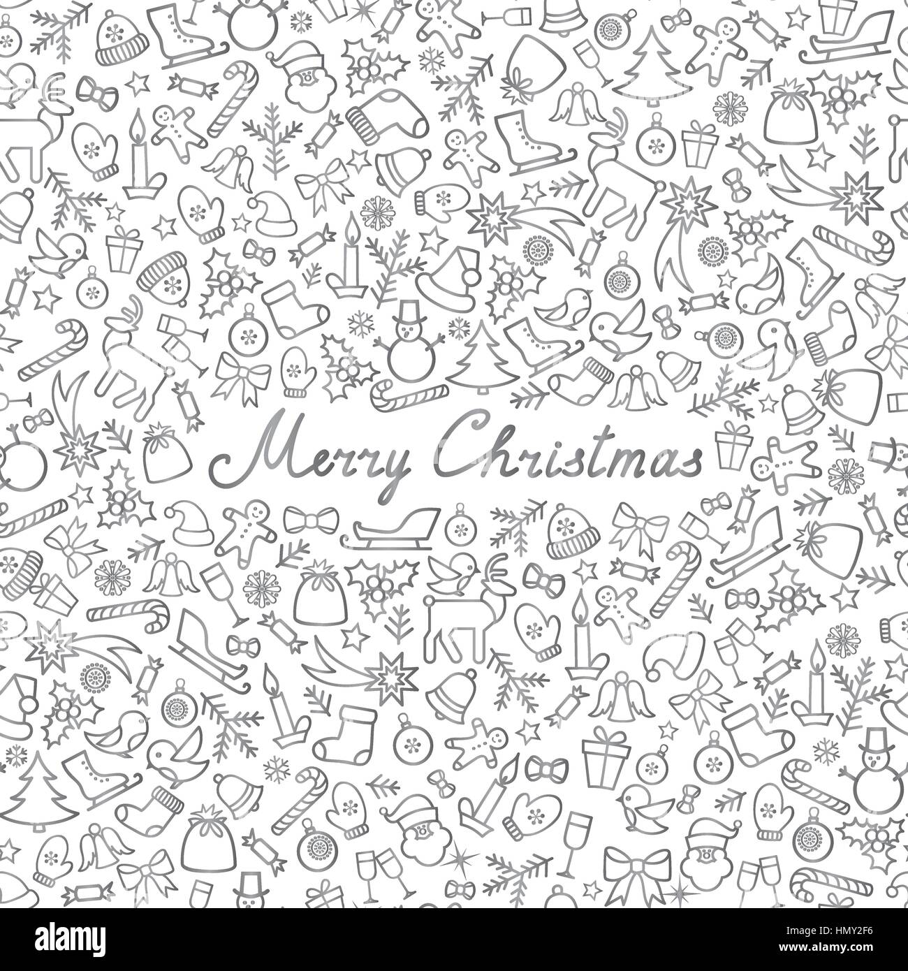 Christmas Icons Seamless Pattern. Happy Winter Holiday Wallpaper. Doodle Greeting Card with handwritten Lettering MERRY CHRISTMAS Stock Vector