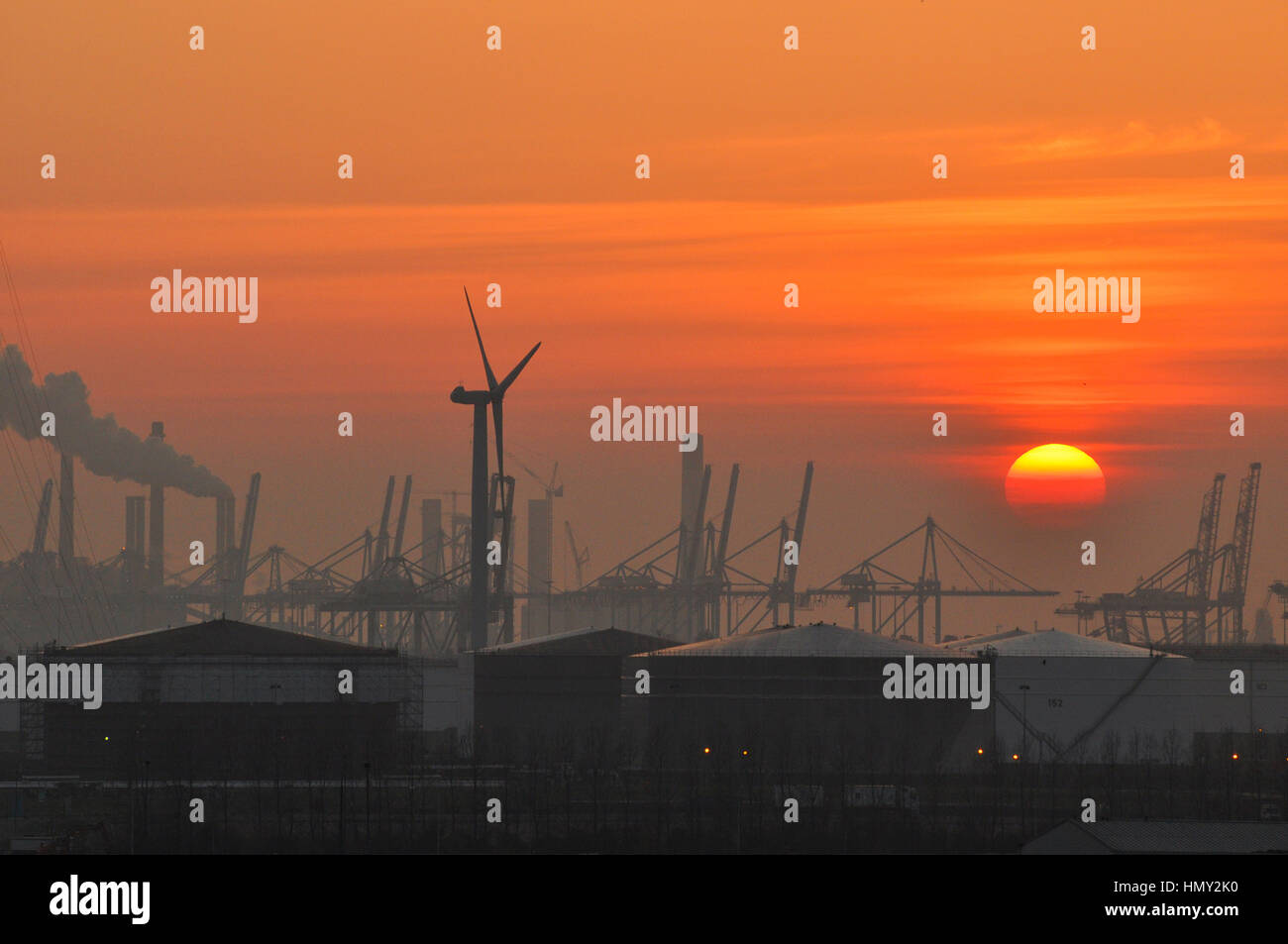 Sunset over de Port of Rotterdam Stock Photo