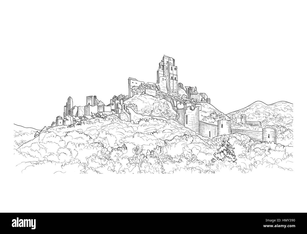 Famous Castle Landscape. Ancient Architectural Ruins Background. Castle building on the hill skyline etching. Stock Vector