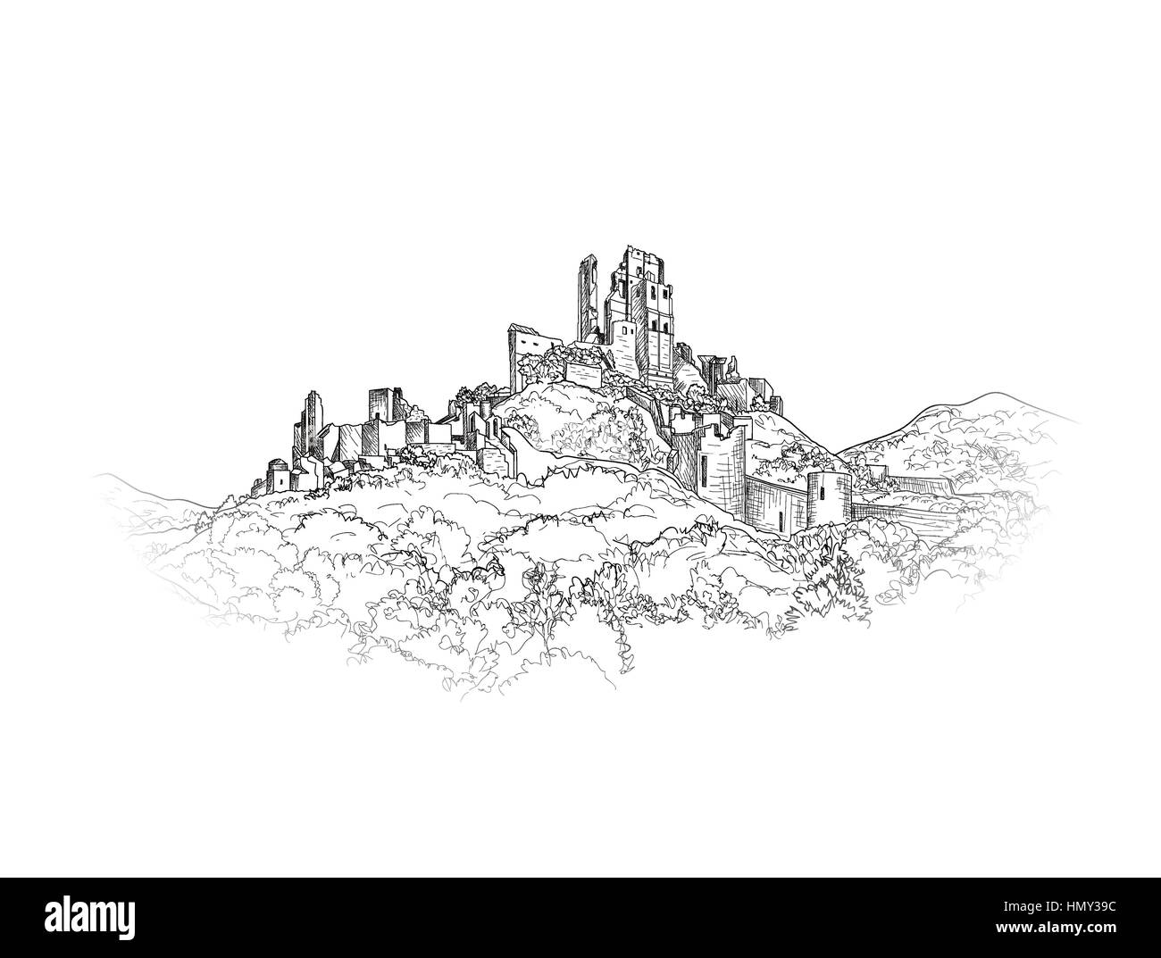 Famous Castle Landscape. Ancient Architectural Ruins Background. Castle building on the hill skyline etching. British Landmark Engraving. Hand drawn s Stock Vector