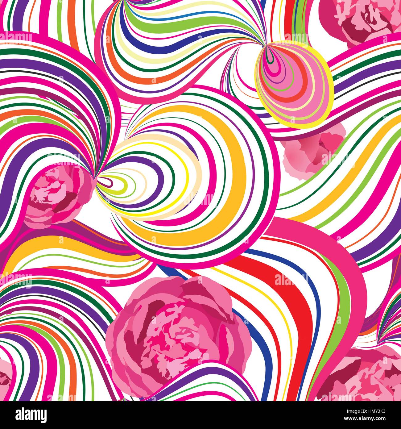 Abstract wave line and loops seamless pattern. Swirl wavy flower ...