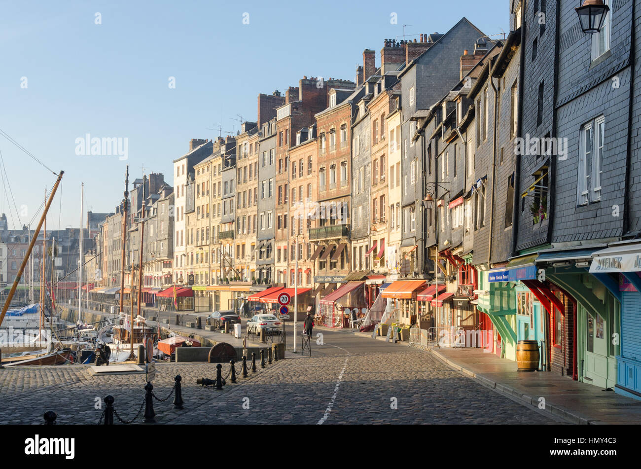 Tall narrow houses in the Vieux Bassin in the port of Honfleur, Normandy Stock Photo