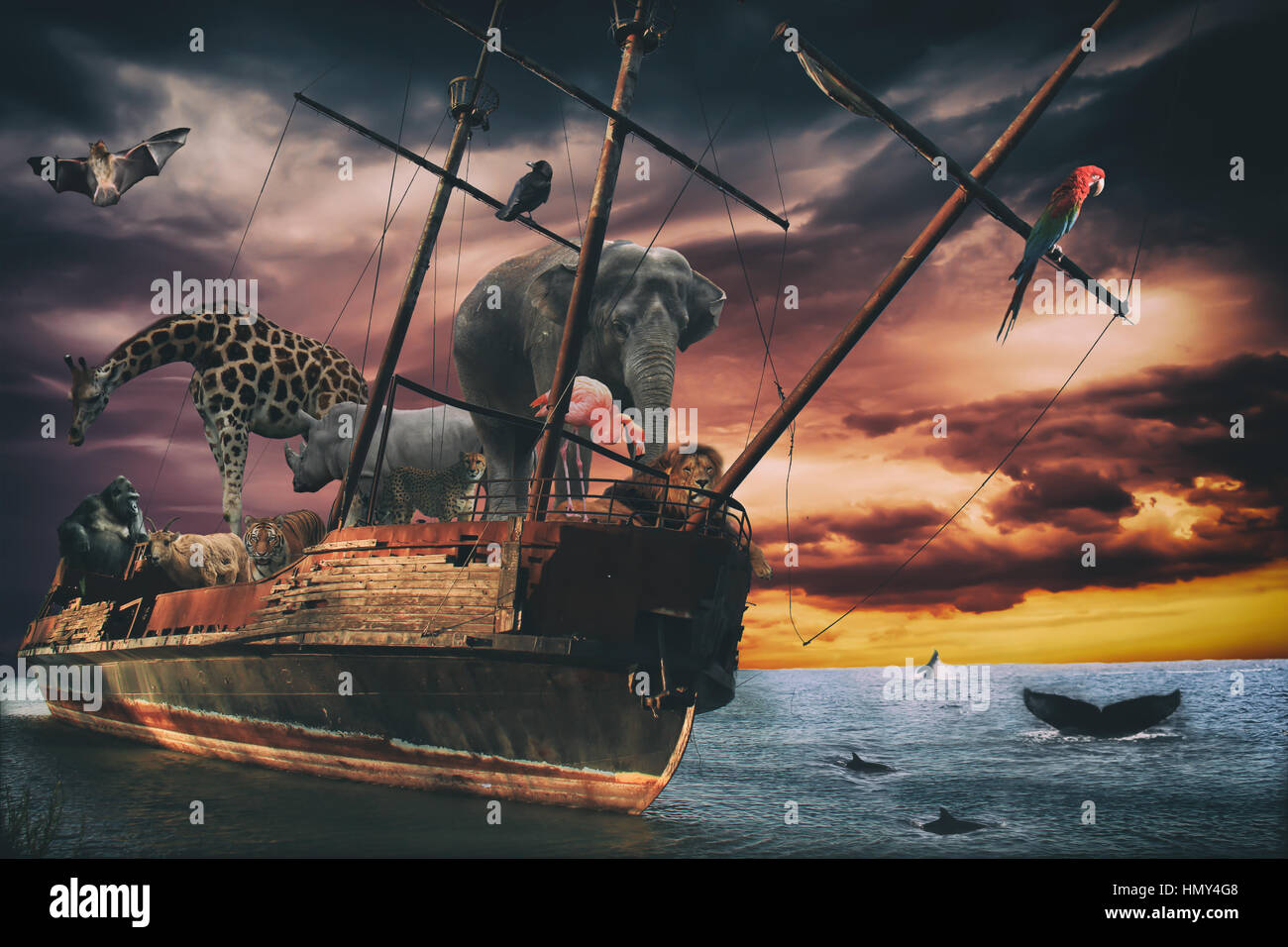 Noahs Ark Fantasy Animal Ship. Several exotic animals traveling on a old wooden ship. Biblical Noah's ark, or environmental concept. Stock Photo