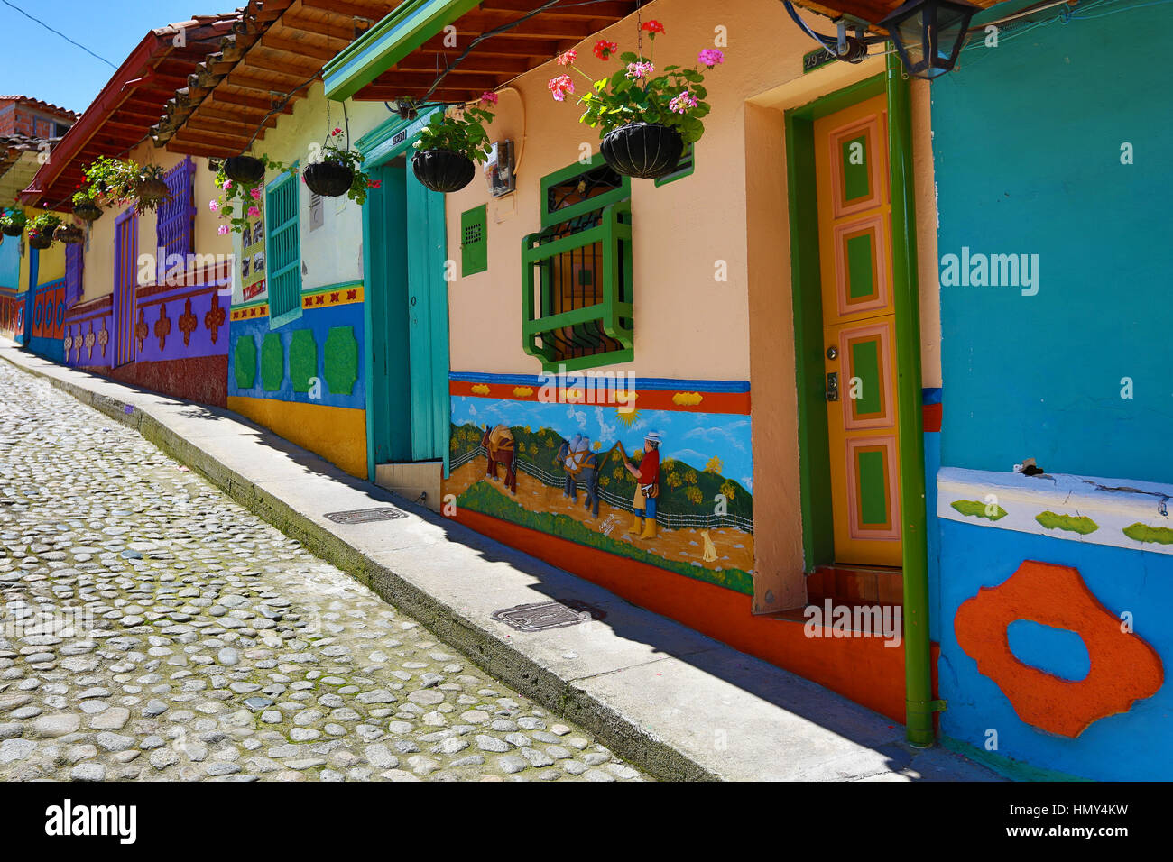 colorful colonial houses in Guatape Colombia Stock Photo