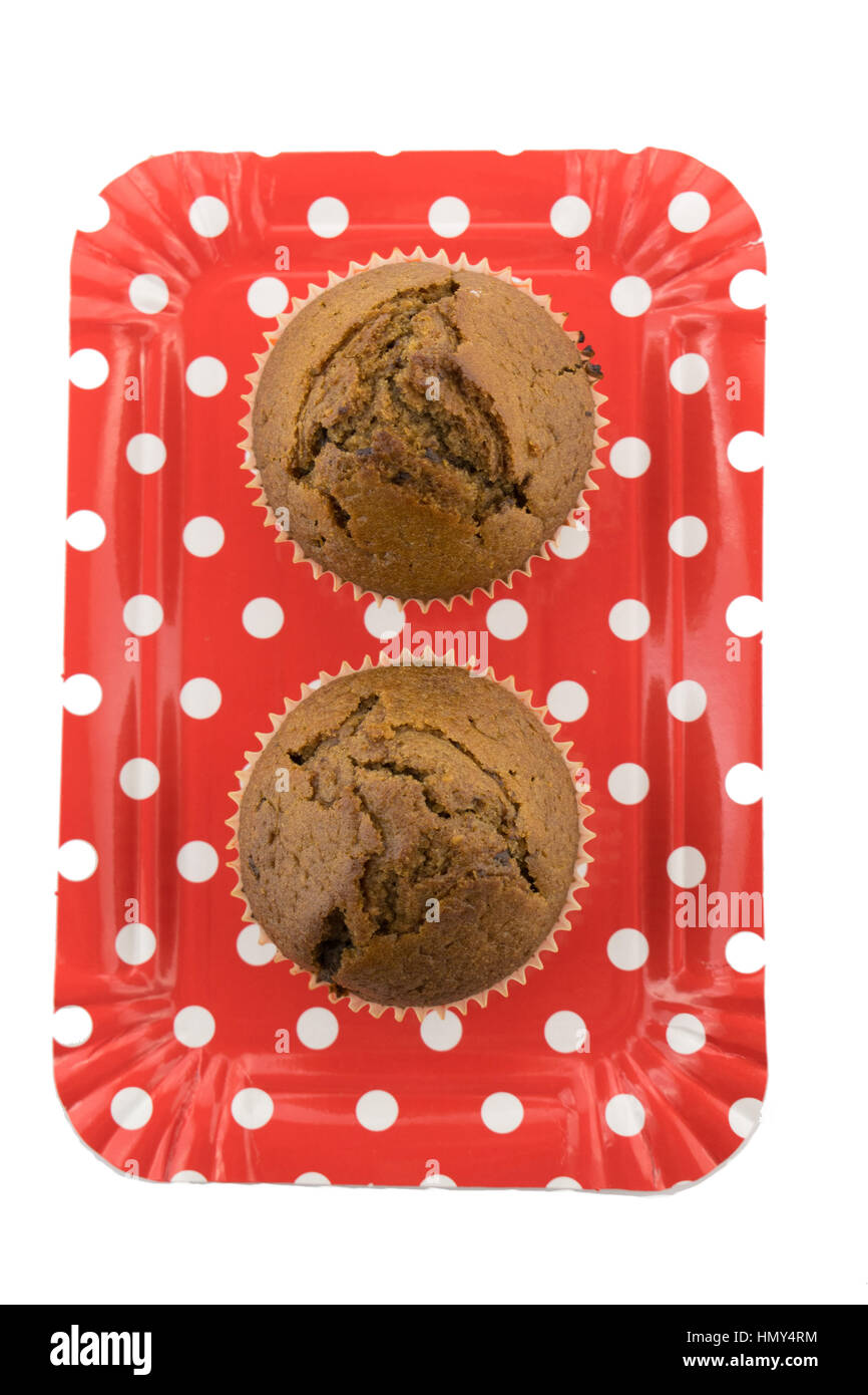 Tasty chocolate muffins on the red plate on the white background Stock Photo