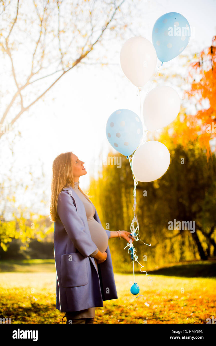Young pregnant woman walks in autumn park with balloons in hand Stock ...