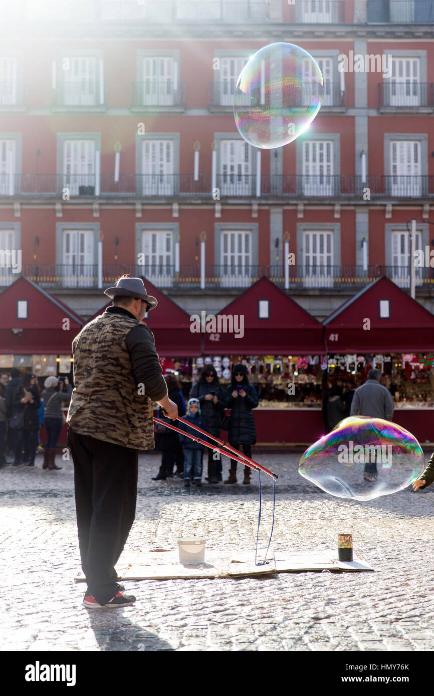 Soap Bubble Artist  with Soap Bubble, Plaza Mayor, Madrid Stock Photo