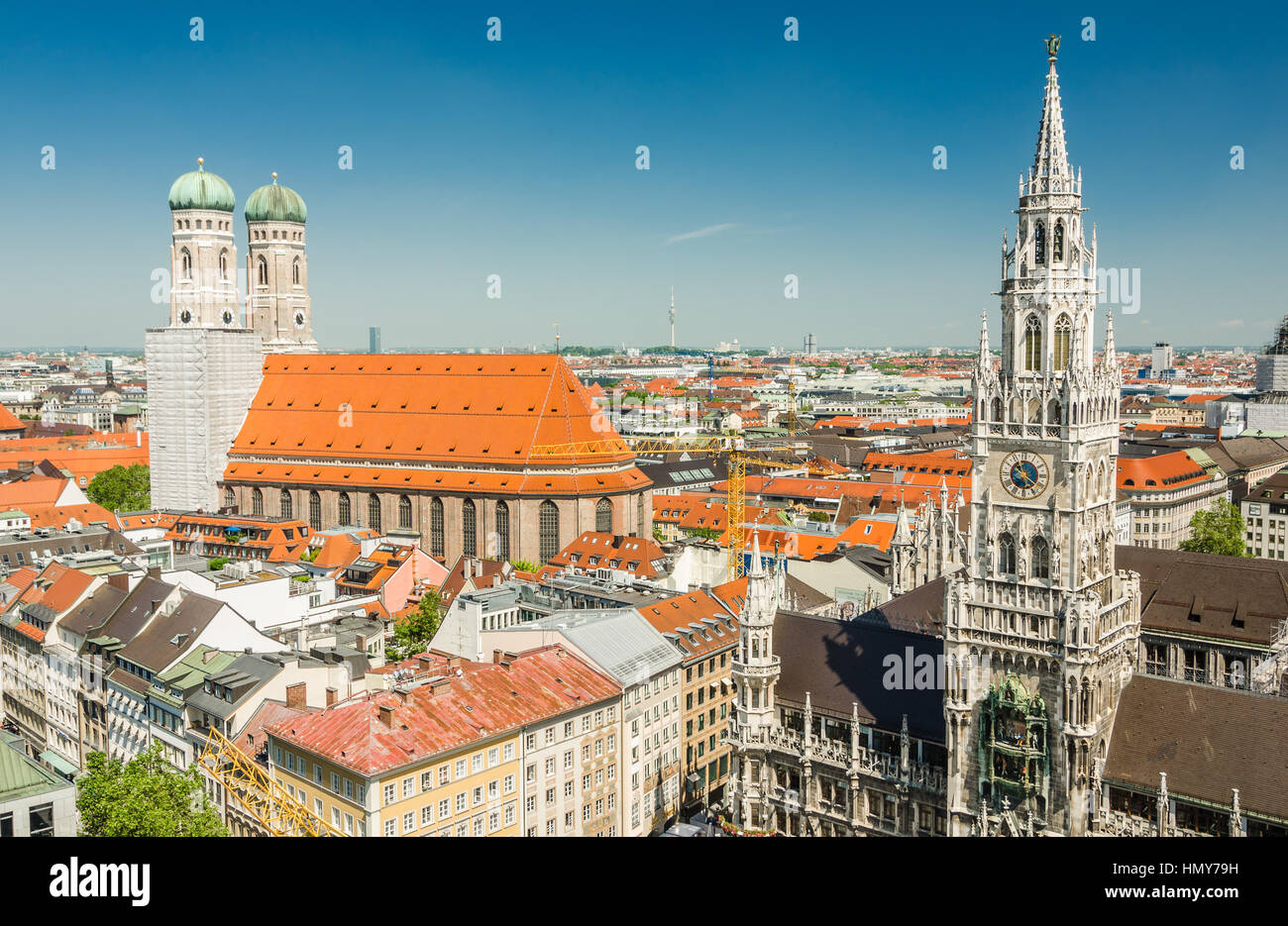 Panoramic view of the Marienplatz is a central square in the city centre of Munich, Germany. Stock Photo