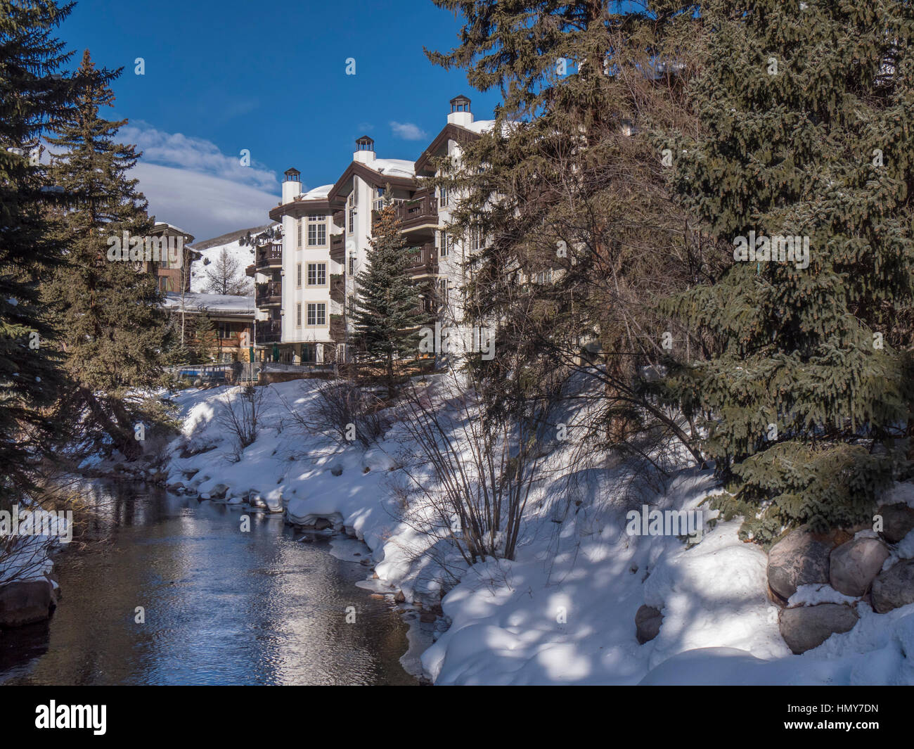 Gore Creek, Vail Village, winter, Vail Ski Resort, Vail, Colorado Stock ...