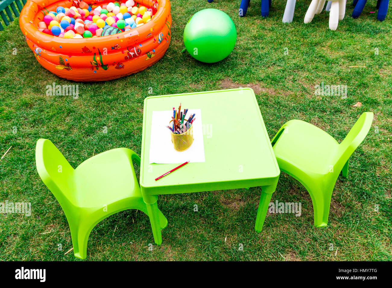 Playground with children's table and chairs. Children's furniture for