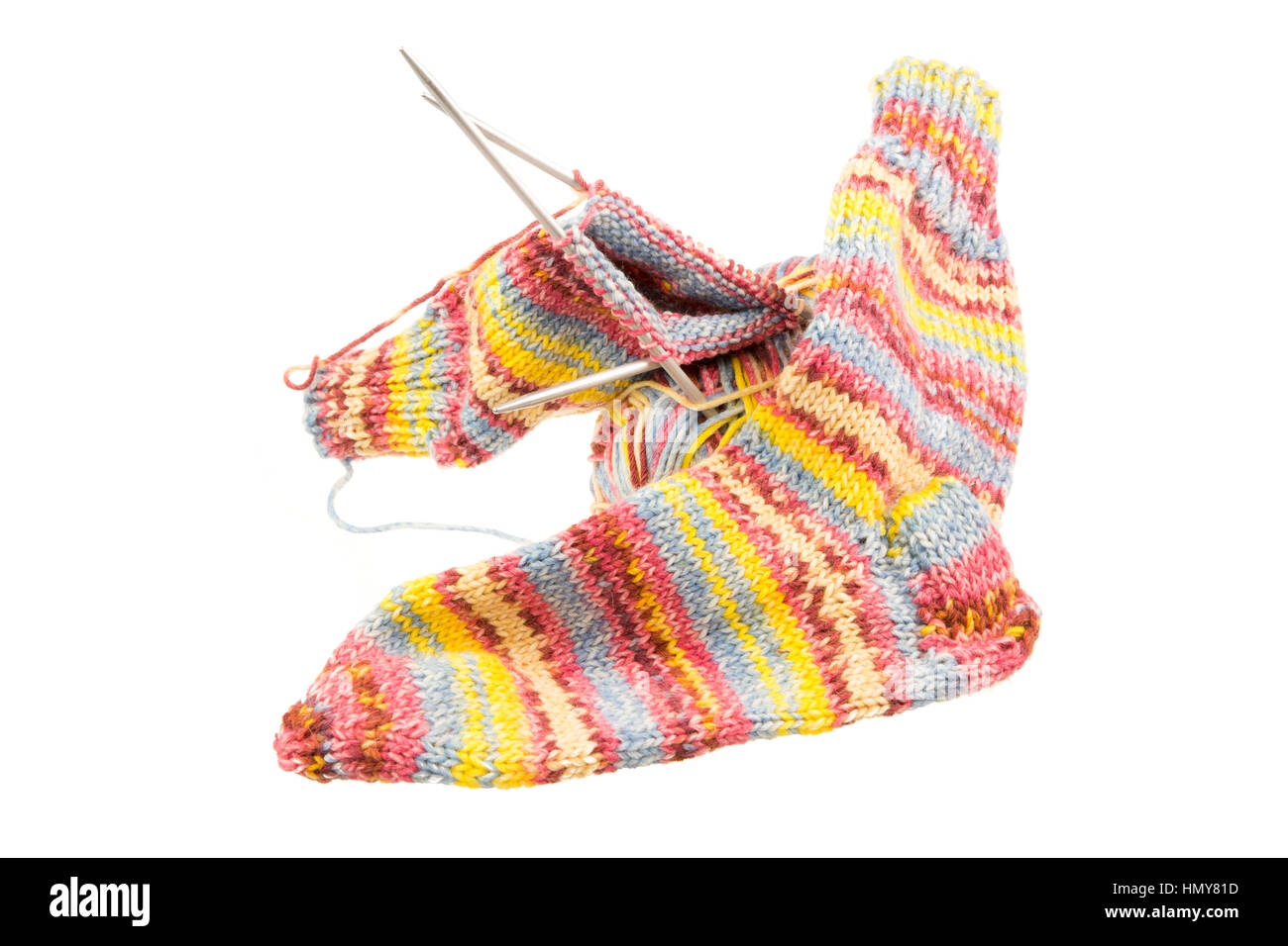Isolated handmade woolen socks with knitting equipment Stock Photo - Alamy