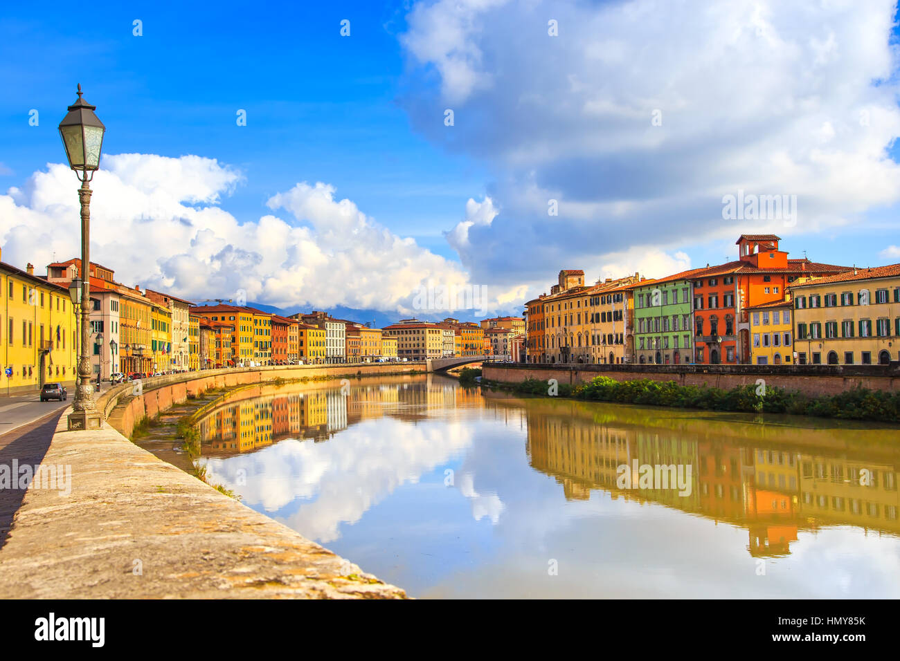 Pisa, Arno river, lamp and building facades reflection. Lungarno view. Tuscany, Italy, Europe. Stock Photo