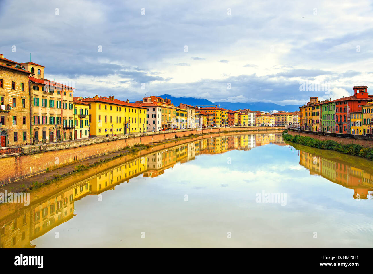 Pisa, Arno river and building facades reflection. Lungarno view. Tuscany, Italy, Europe. Stock Photo