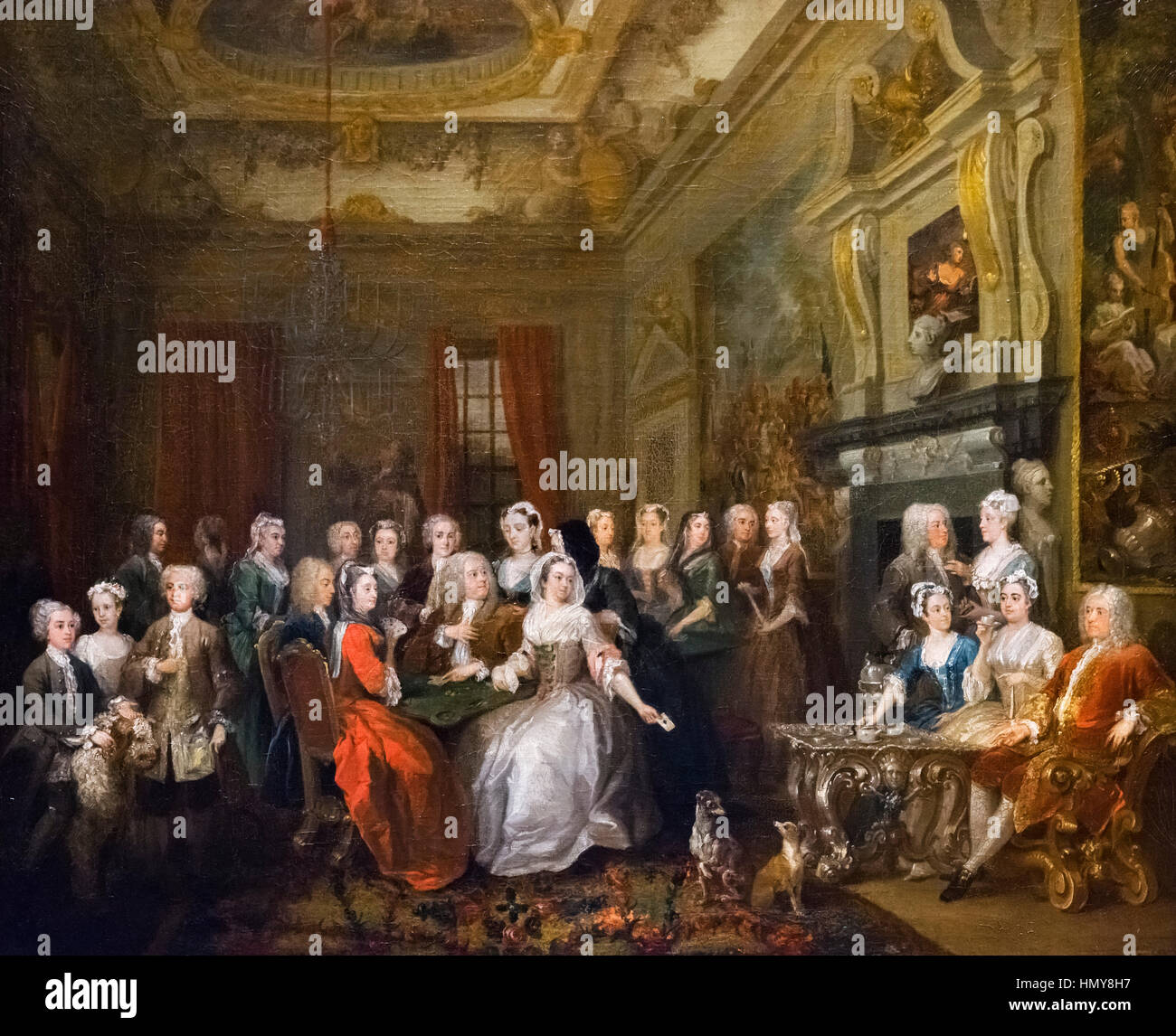 Hogarth painting. 'Assembly at Wanstead House' by William Hogarth (1697-1764), oil on canvas, c.1728-31. The painting shows Lord and Lady Castlemaine celebrating their 25th wedding anniversary with friends and family Stock Photo
