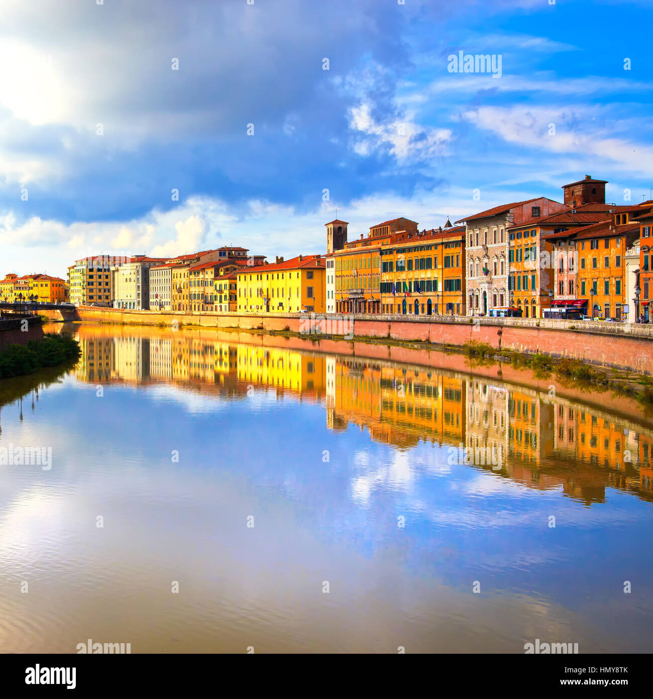 Pisa, Arno river and building facades reflection. Lungarno view. Tuscany, Italy, Europe. Stock Photo