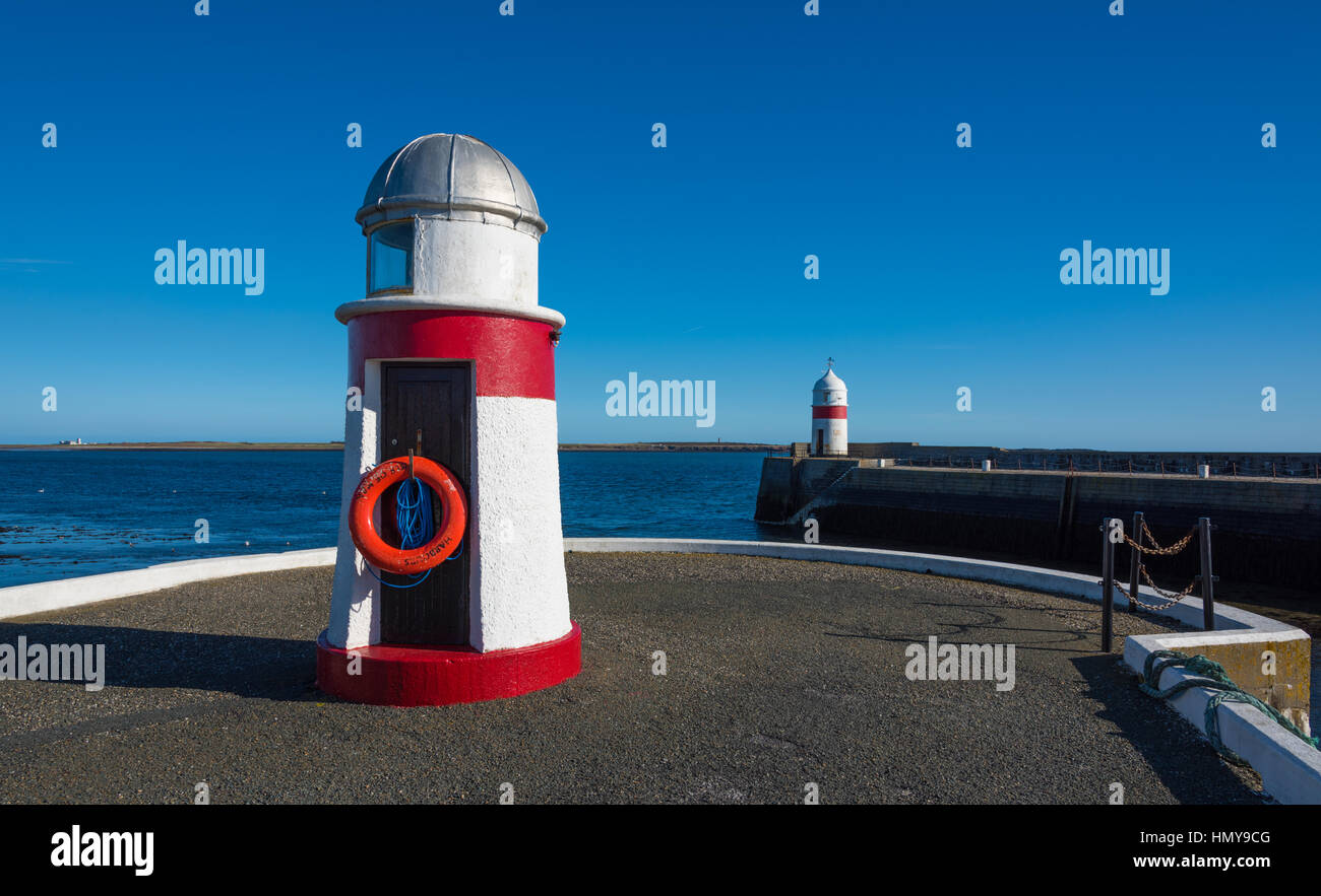 Lighthouses, Castletown outer harbour, Isle of Man. Stock Photo