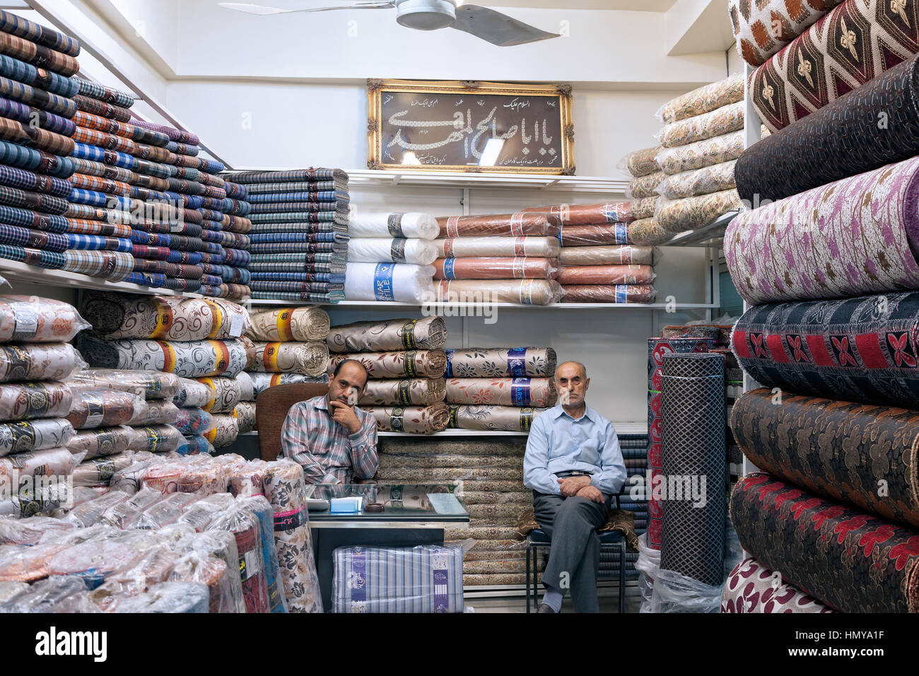 Textile shop in Isfahan bazaar, Iran Stock Photo
