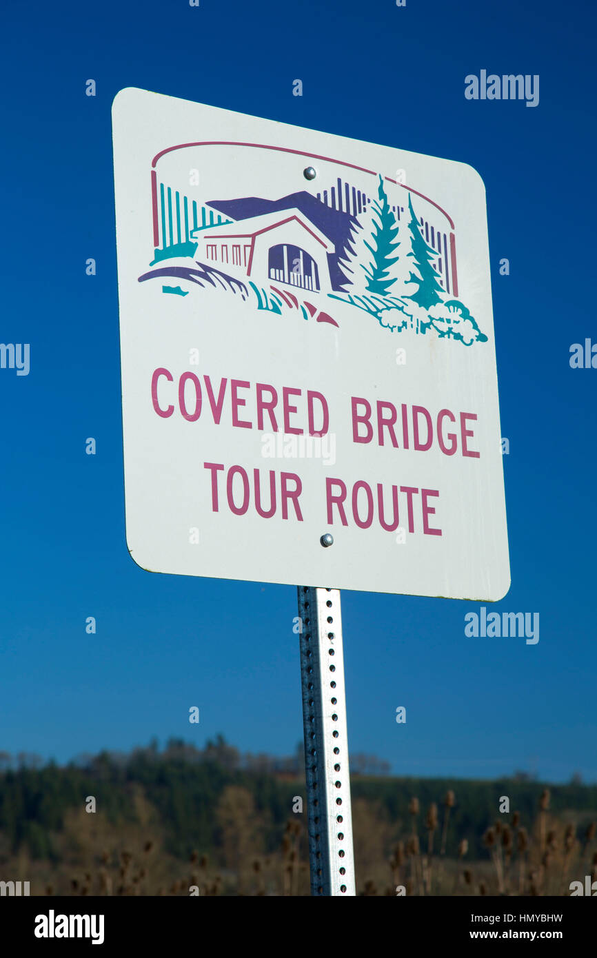 Sign, Covered Bridge Tour, Linn County, Oregon Stock Photo
