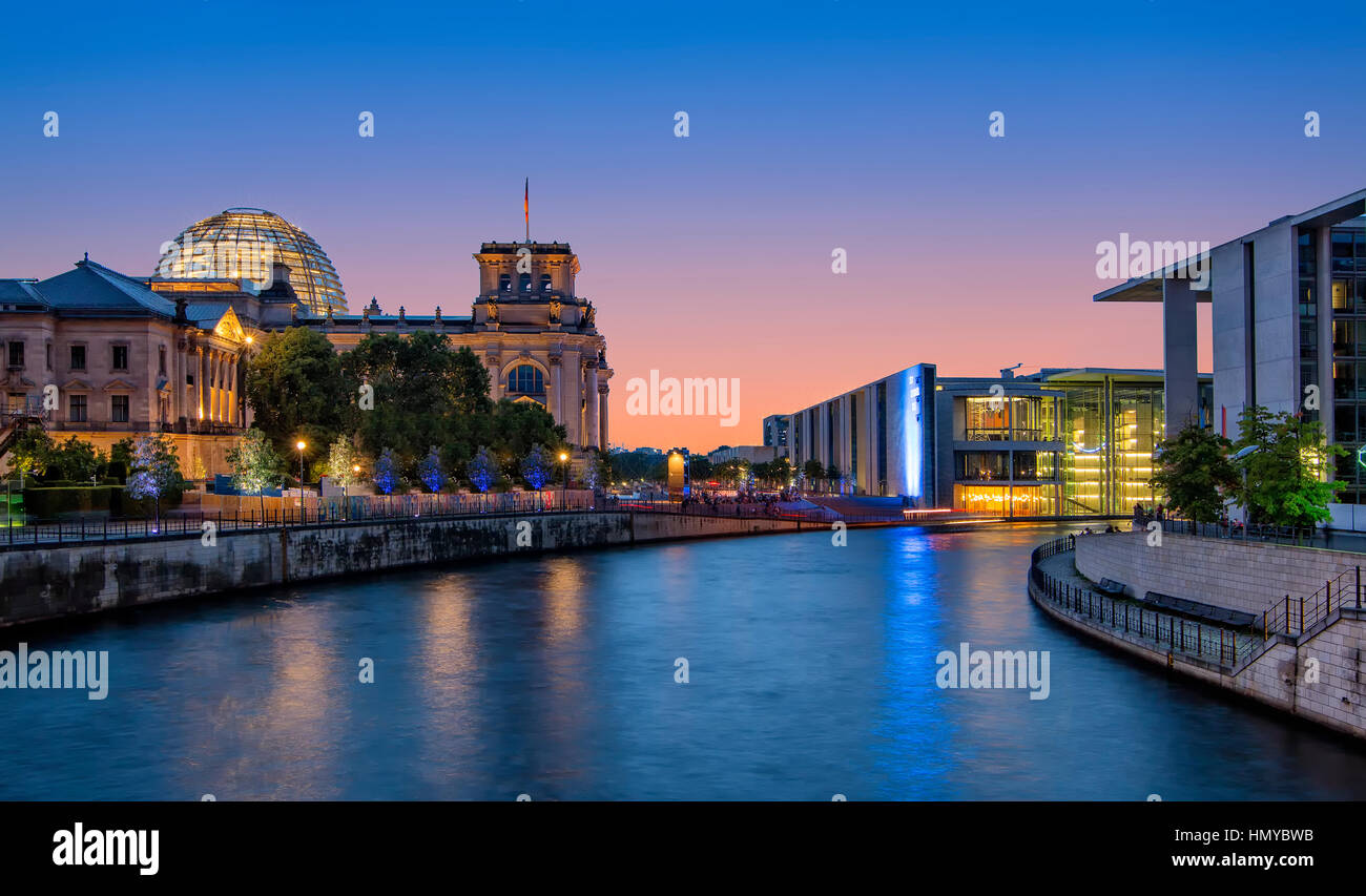 The Reichstag building and Paul Lobe Haus building at night Stock Photo