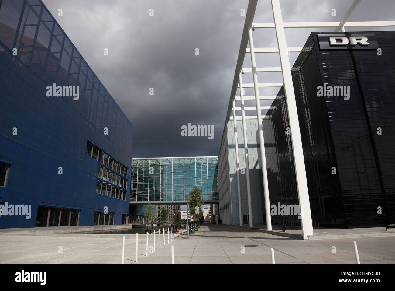 The DR (Danish Radio) Koncerthuset or concert hall on the left and a DR building on the right, in Ørestad Copenhagen, Denmark Stock Photo