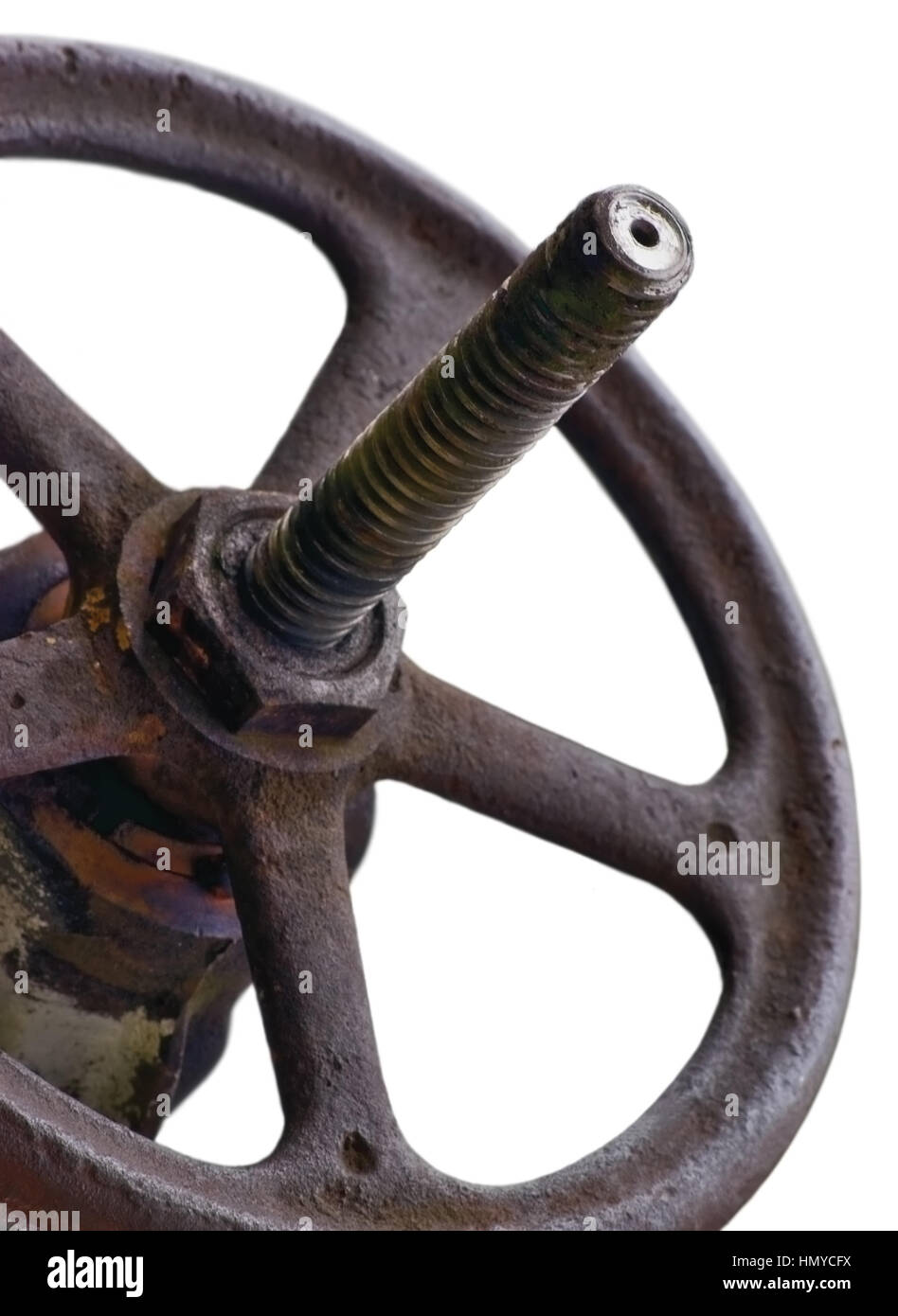 Industrial Valve Wheel And Stem, Old Aged Weathered Rusty Grunge Latch Closeup Isolated Stock Photo