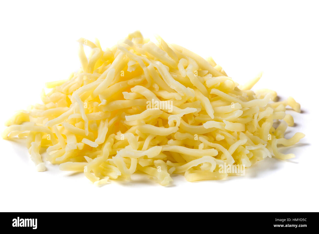 Close up of one heap of grated mix Italian cheese on white background Stock Photo