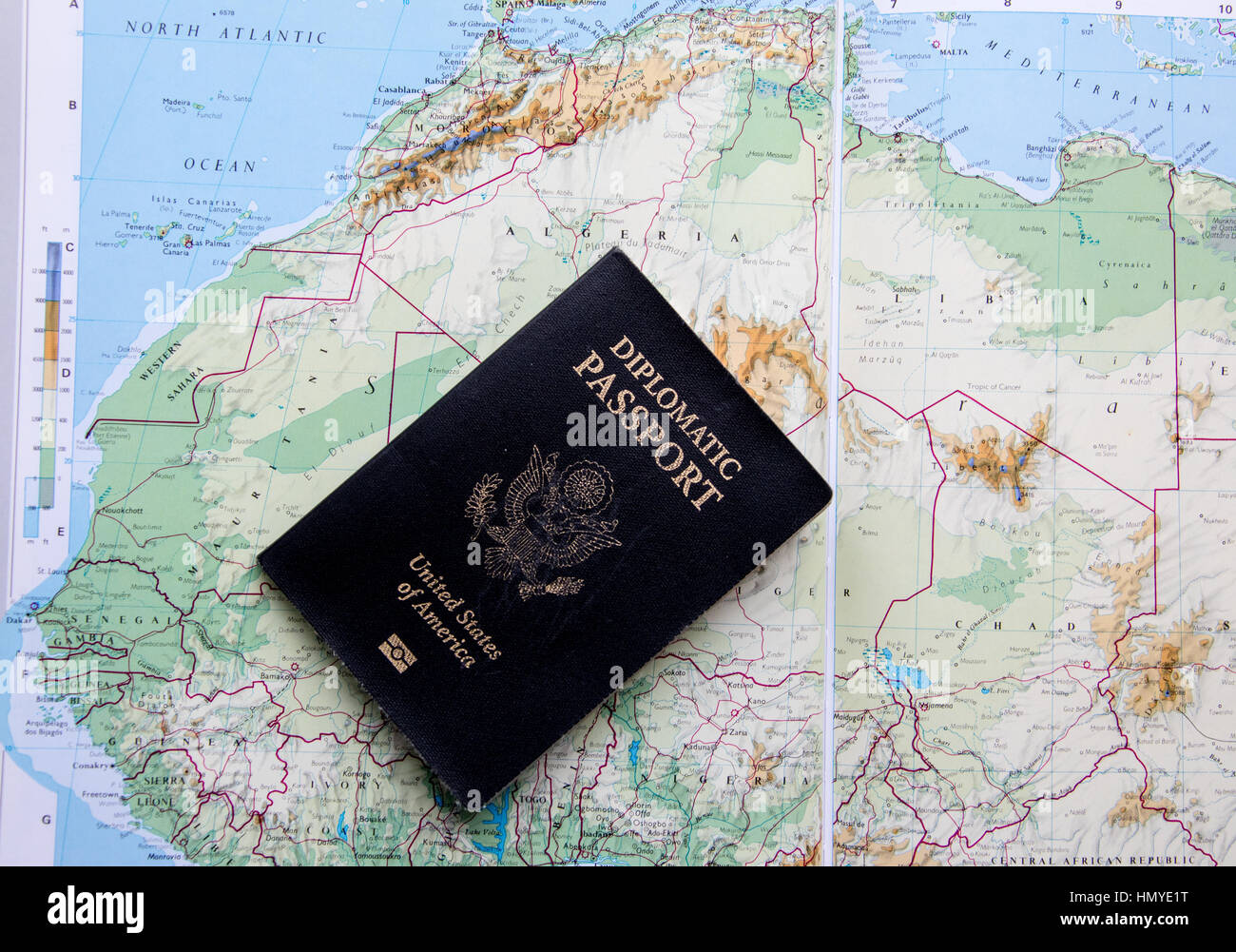 Diplomatic passport of the United States of America on a map of Northern Africa Stock Photo